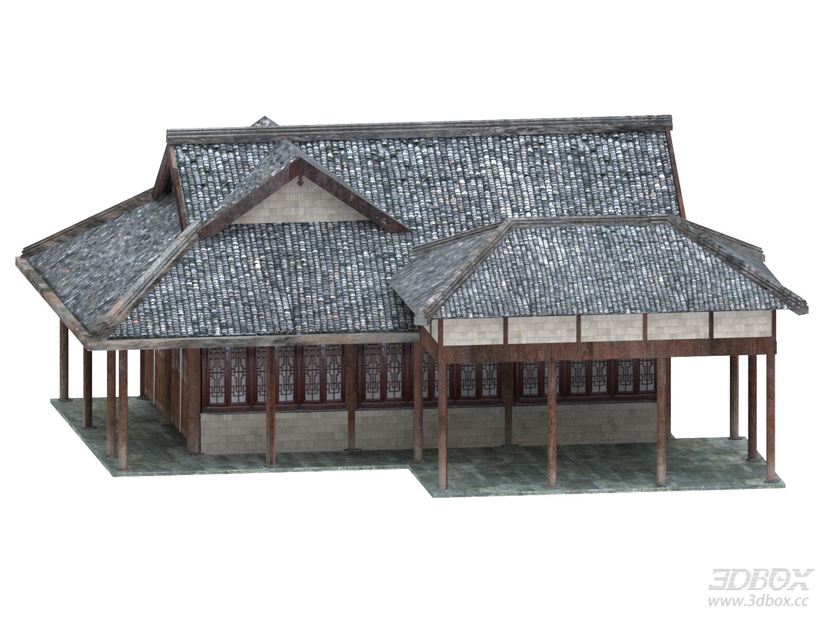 Traditional Chinese Ancient Wooden House With Tiled Roof