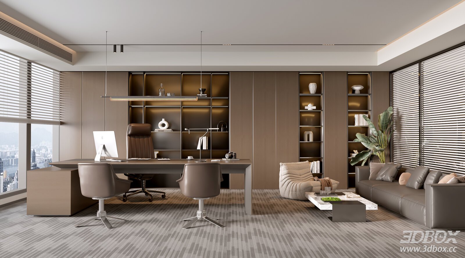 Modern Manager Office with Wooden Bookshelf and Workstation