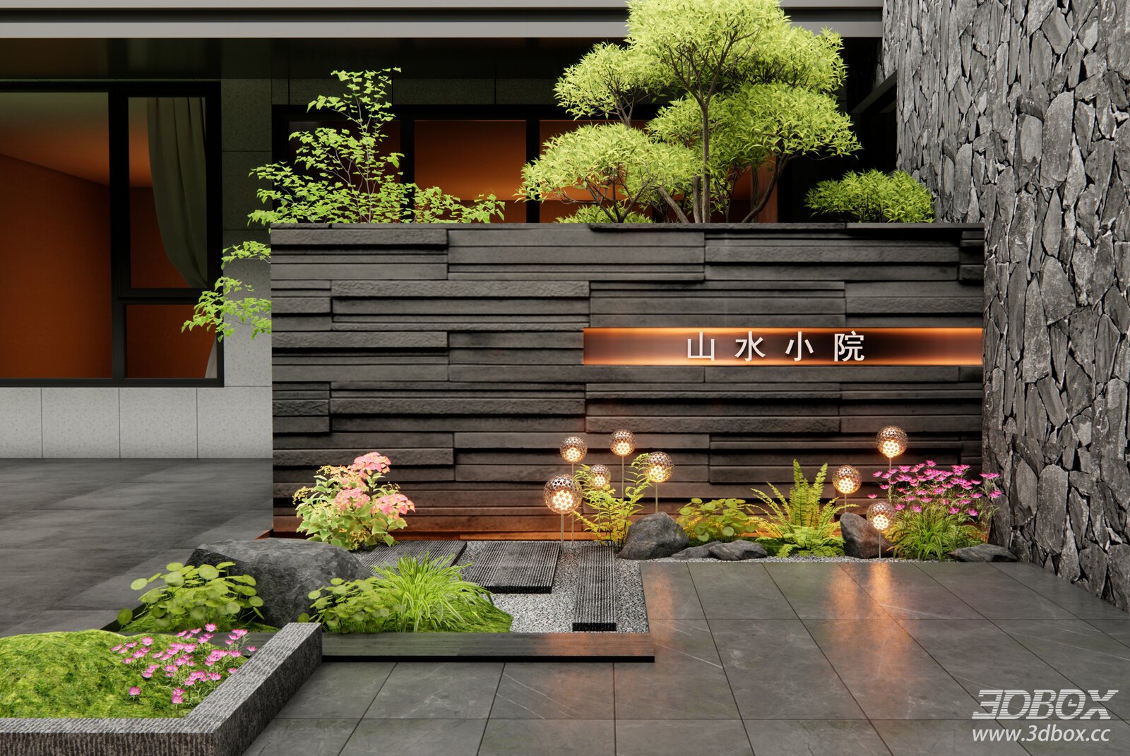 Modern Courtyard Landscape Wall with Green Plants and Stone