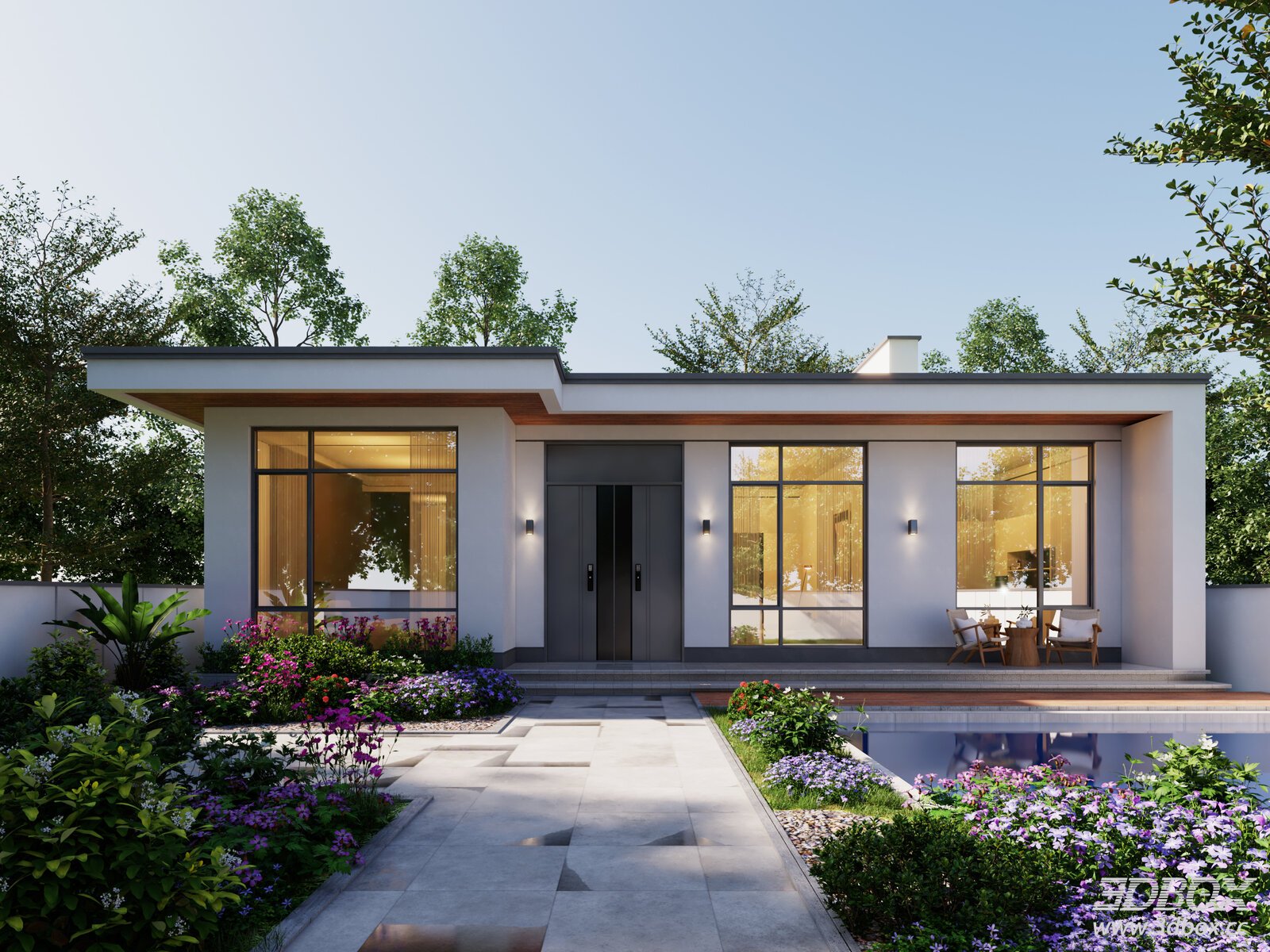 Modern Single Story Villa Exterior With Garden And Pool