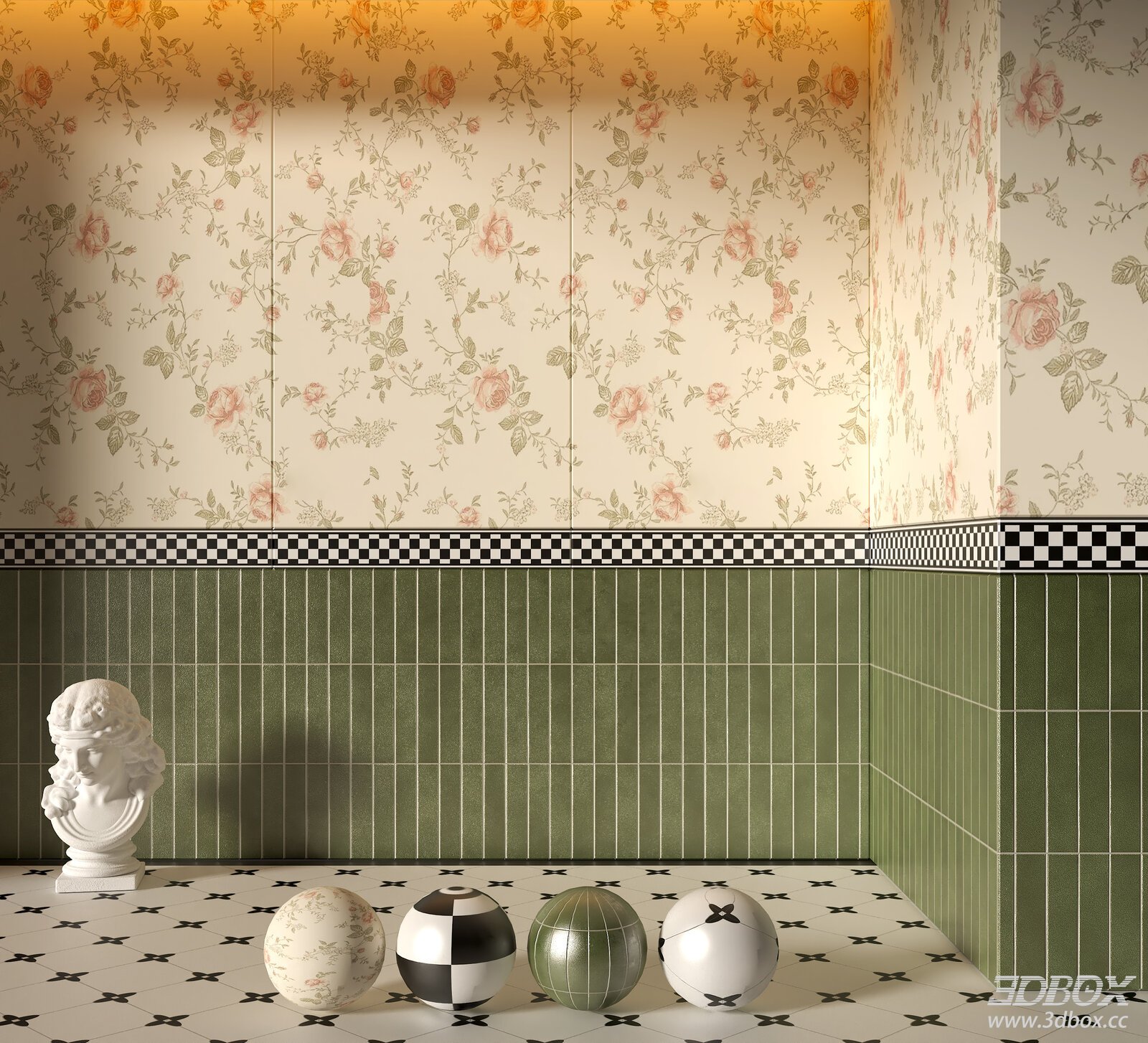Vintage Style Bathroom Corner With Floral Wallpaper Green Tiles
