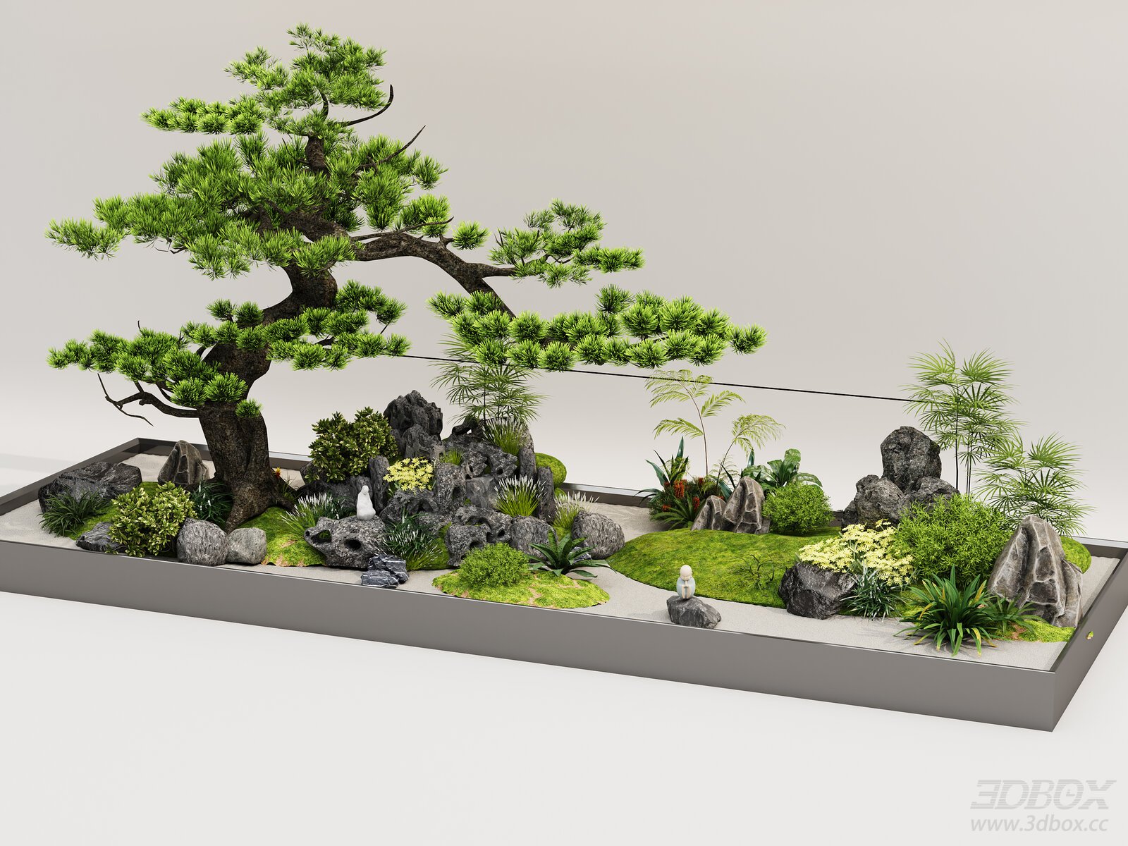 Indoor Zen Garden Landscape with Pine Tree and Rockery