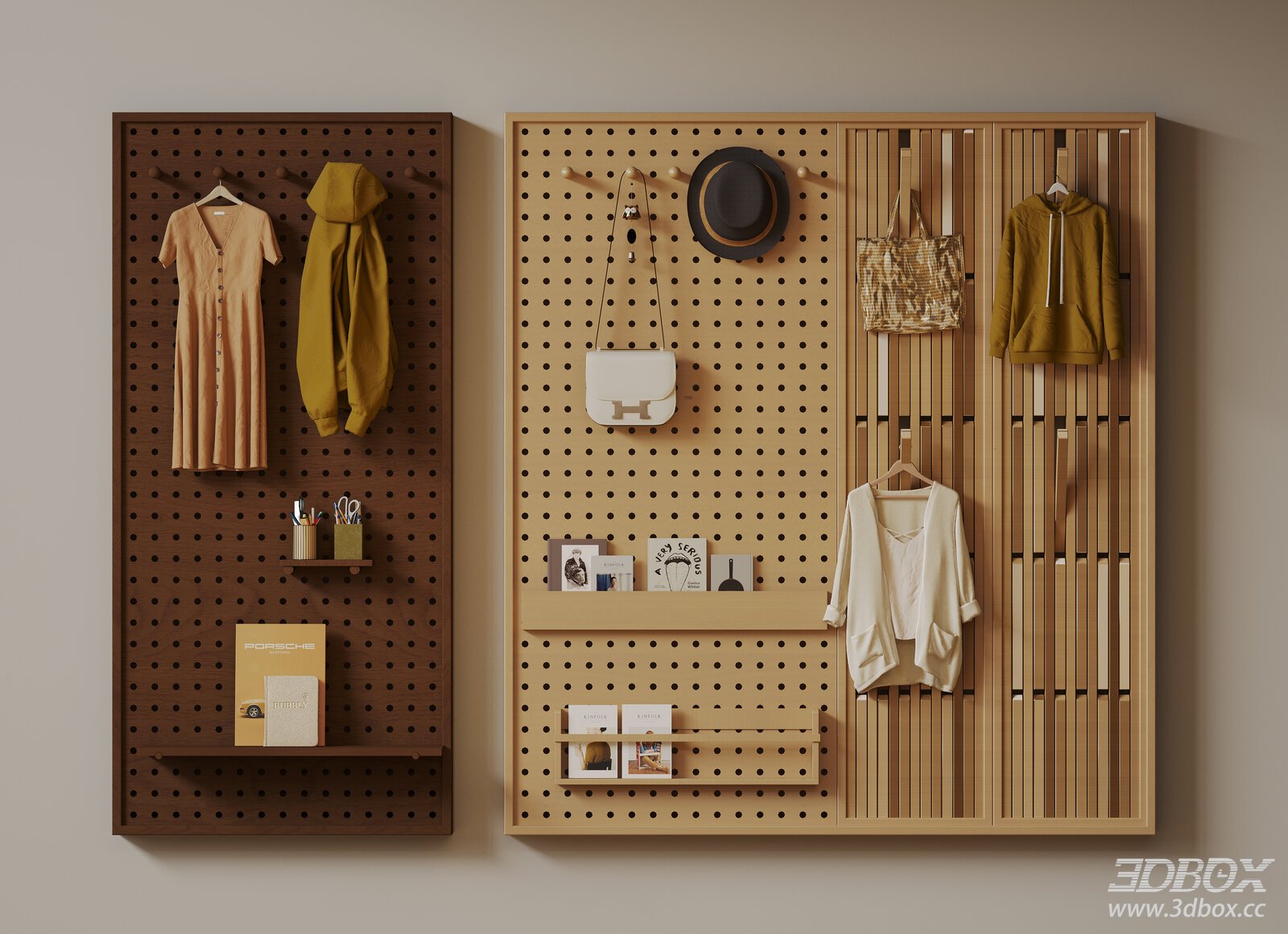 Modern Wooden Pegboard Wall Storage Display Rack Set
