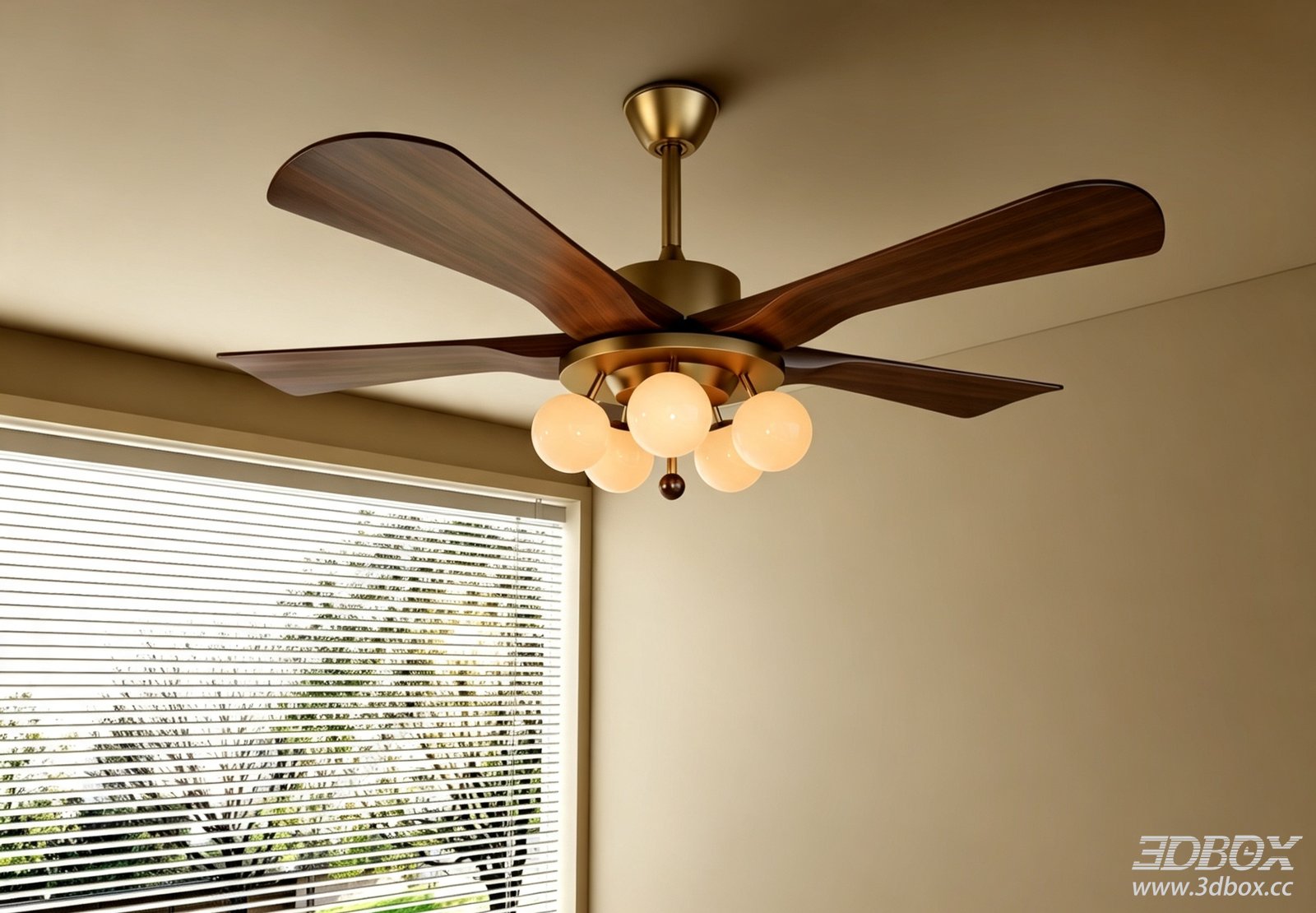 Mid Century Ceiling Fan Light with Wooden Blades and Brass Base