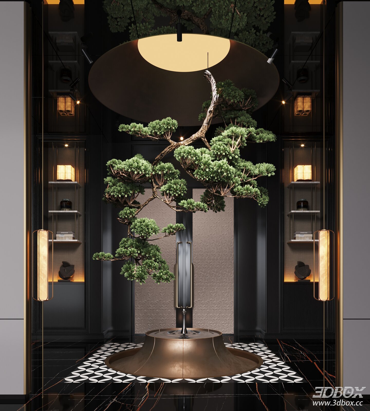 Modern New Chinese Style Luxury Hallway with Decorative Pine Tree