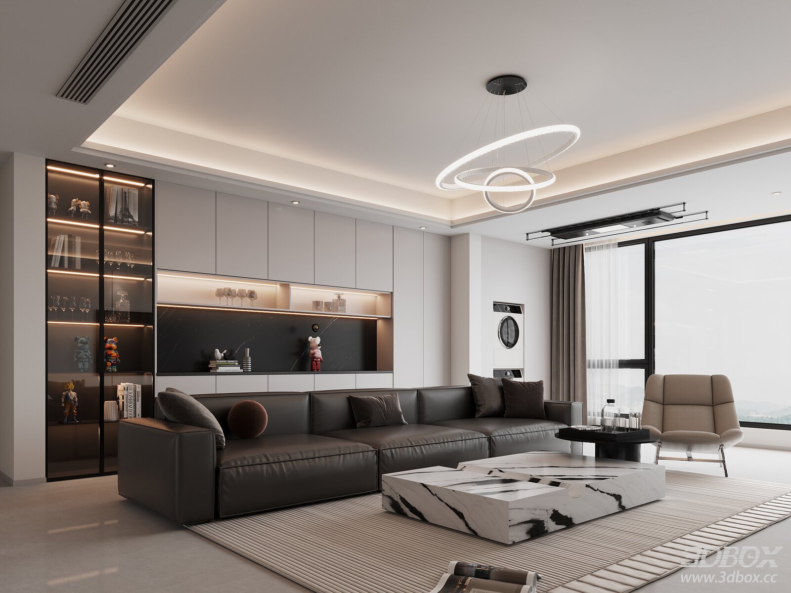 Modern Minimalist Living Room with Leather Sofa and Marble Coffee Table
