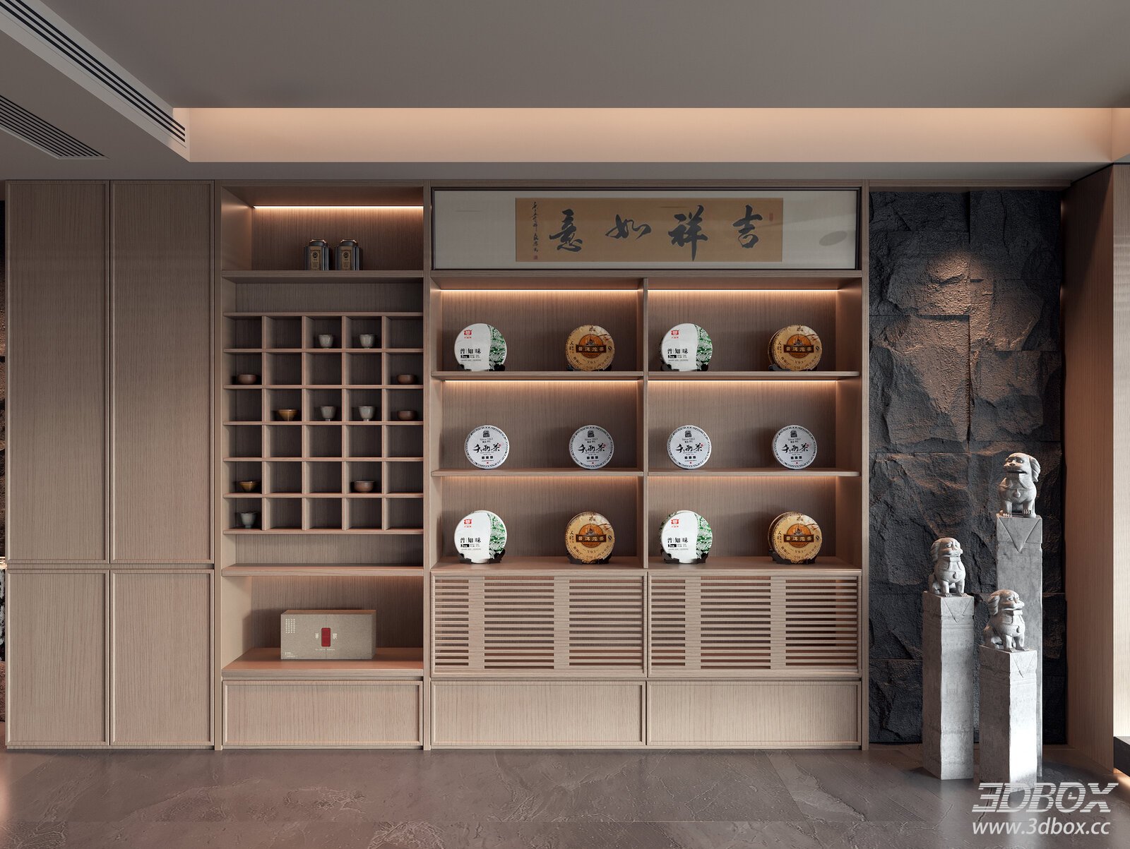 Wooden Tea Display Cabinet with Storage Shelves