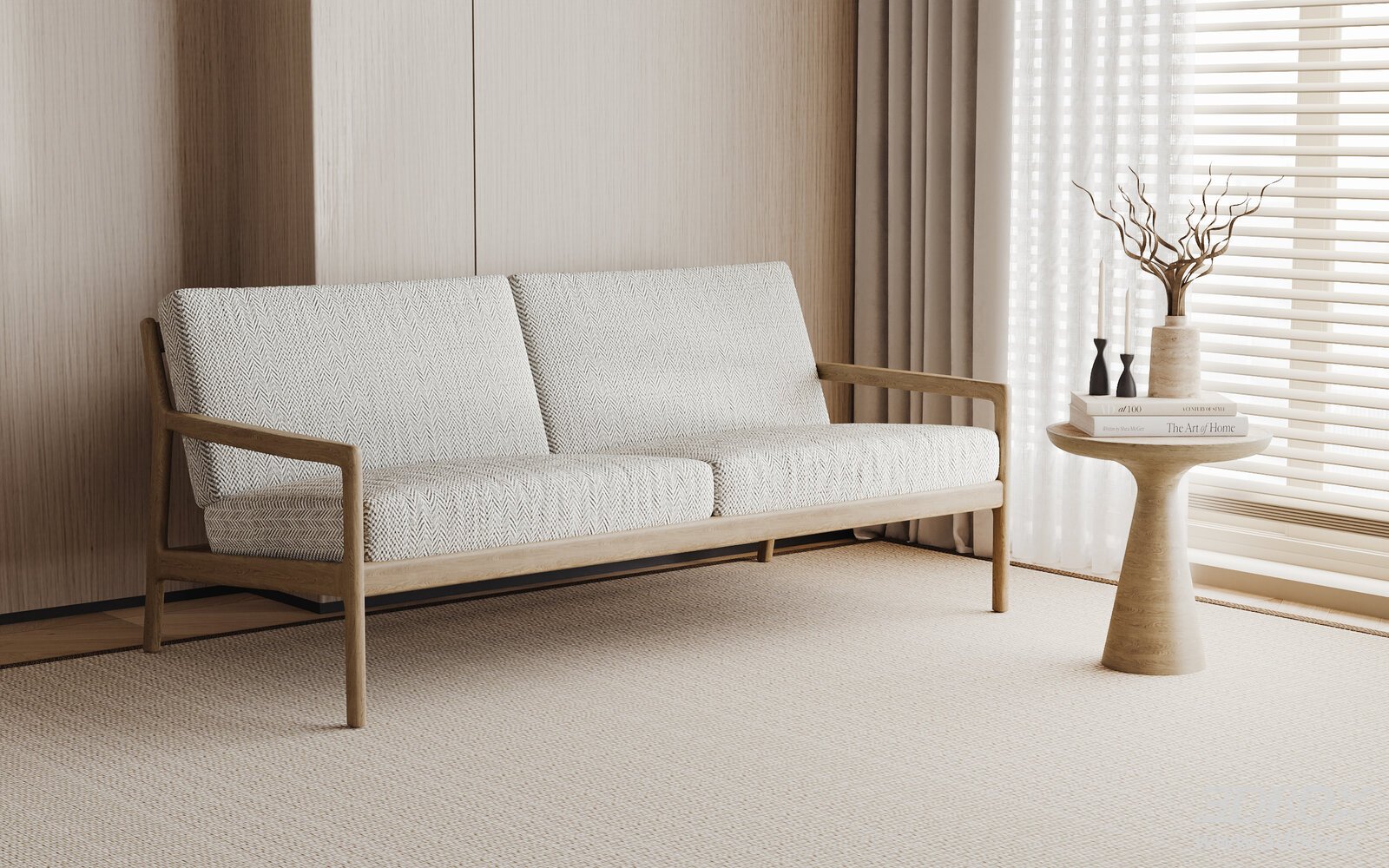 Modern Double Sofa with Wooden Frame and Side Table