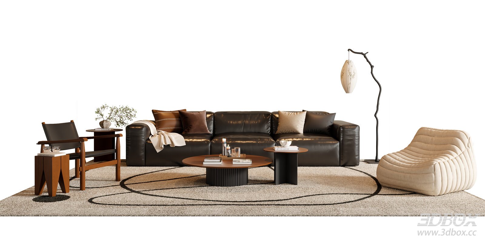 Mid Century Modern Leather Sofa Set with Side Tables and Floor Lamp
