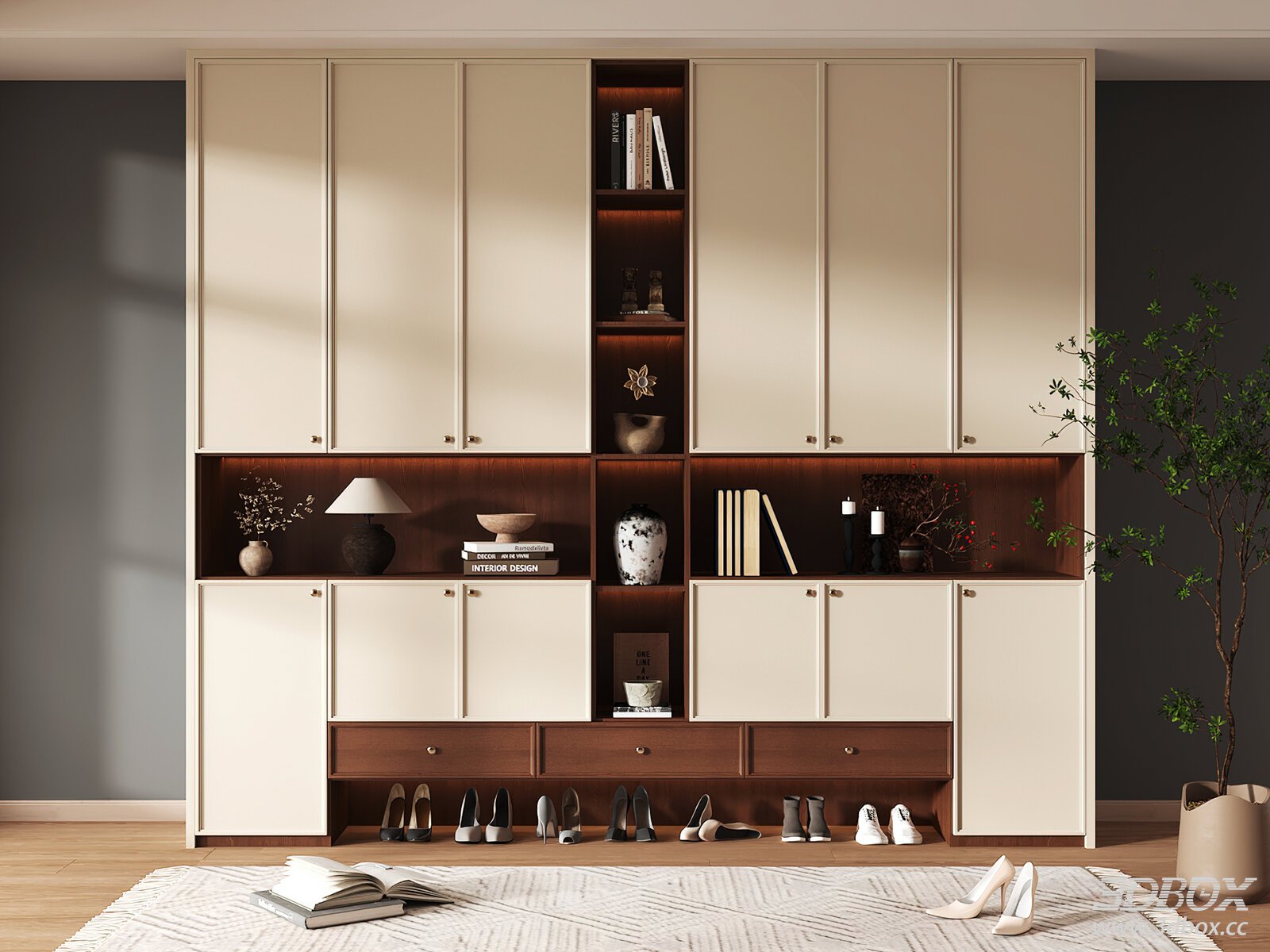 Modern Built-in Hallway Shoe Storage Cabinet with Decor Shelves