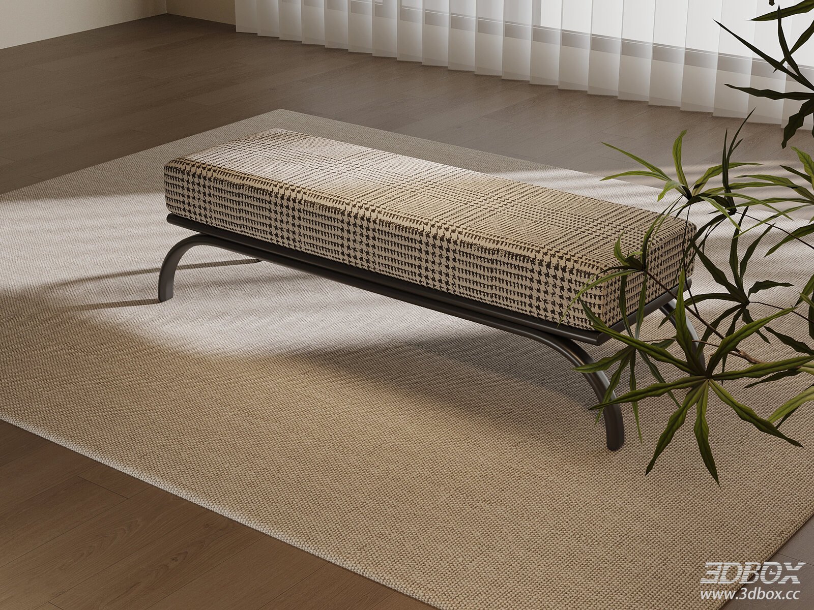 Mid Century Modern Upholstered Bench with Metal Frame