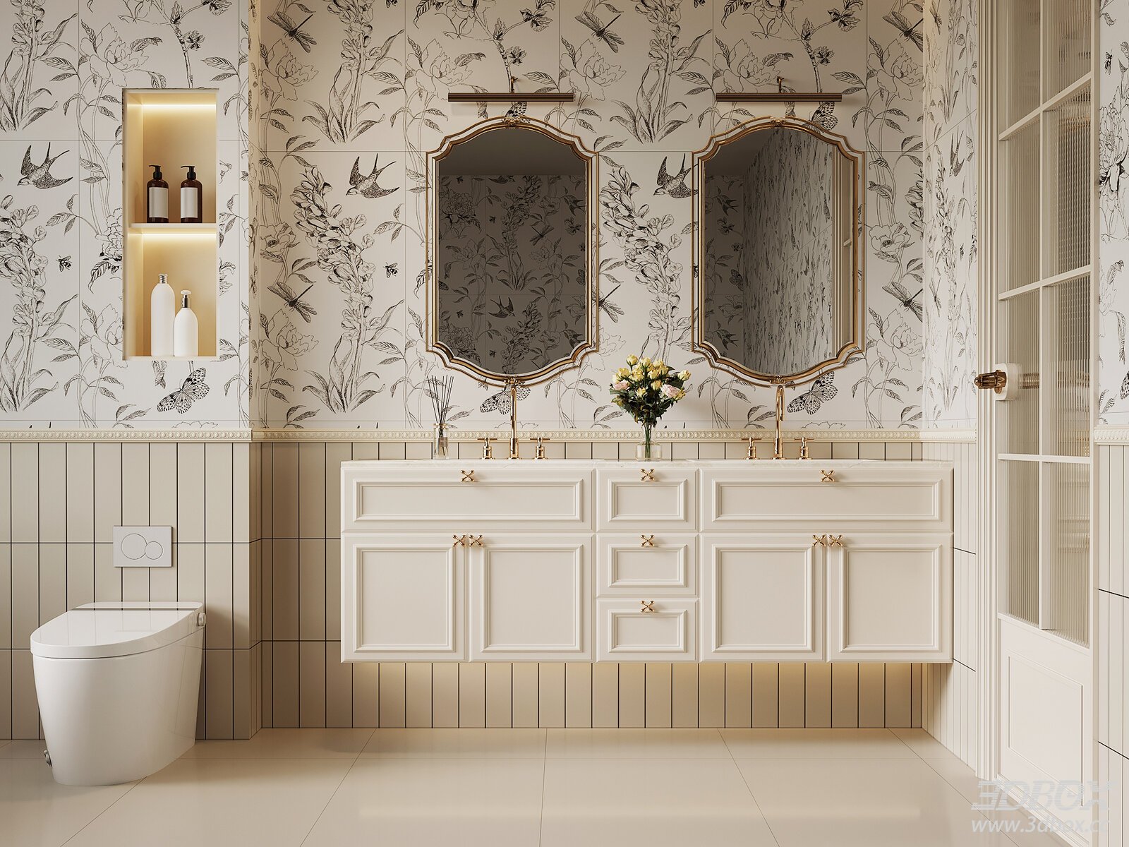 French Cream Style Bathroom Scene with Vanity and Smart Toilet