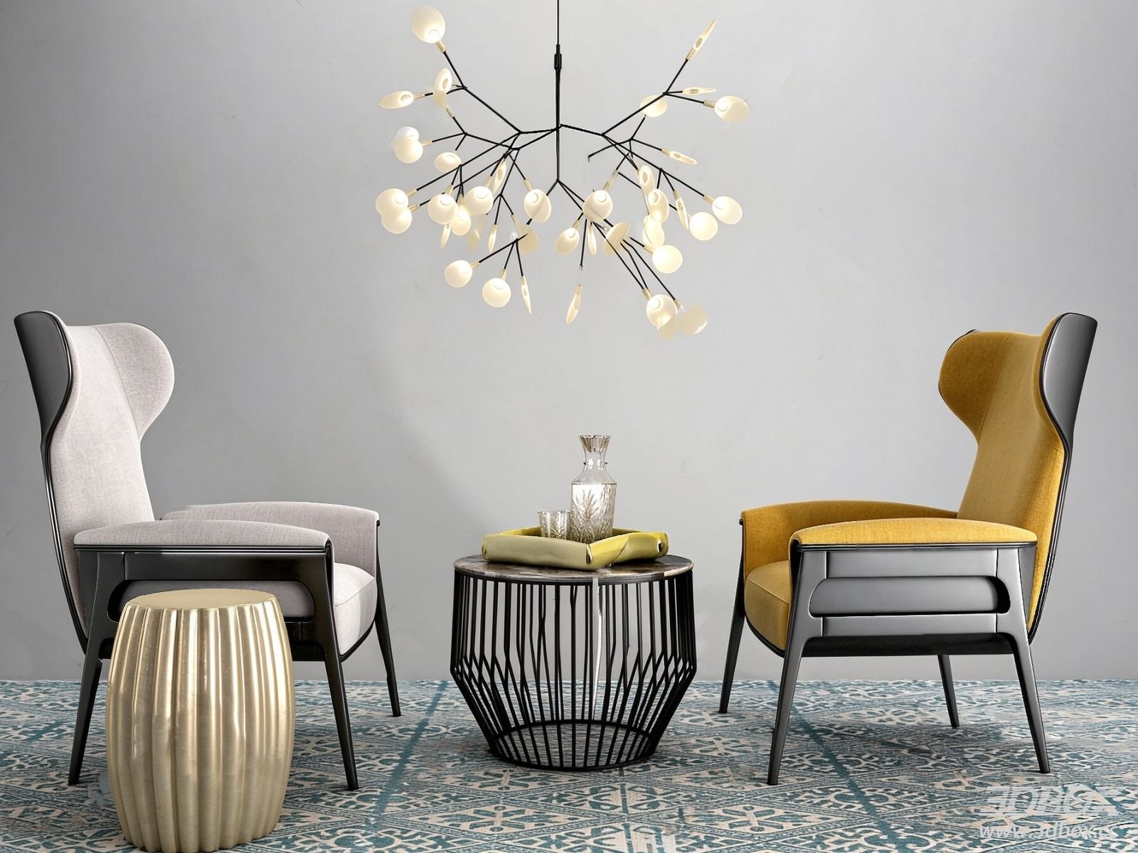 Modern Fabric Armchairs with Coffee Table and Decor Set