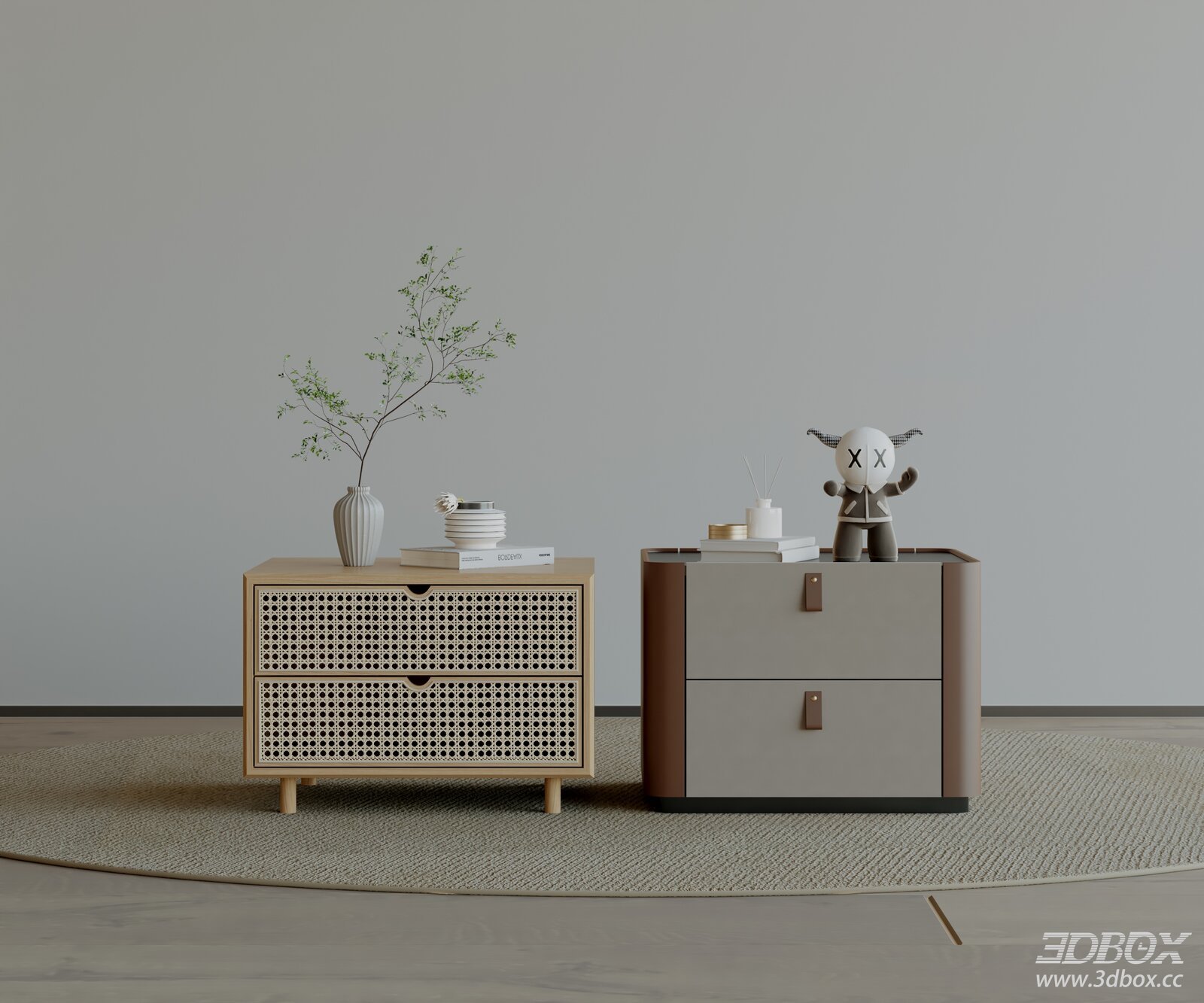 Modern Wooden Rattan Leather Nightstand Set