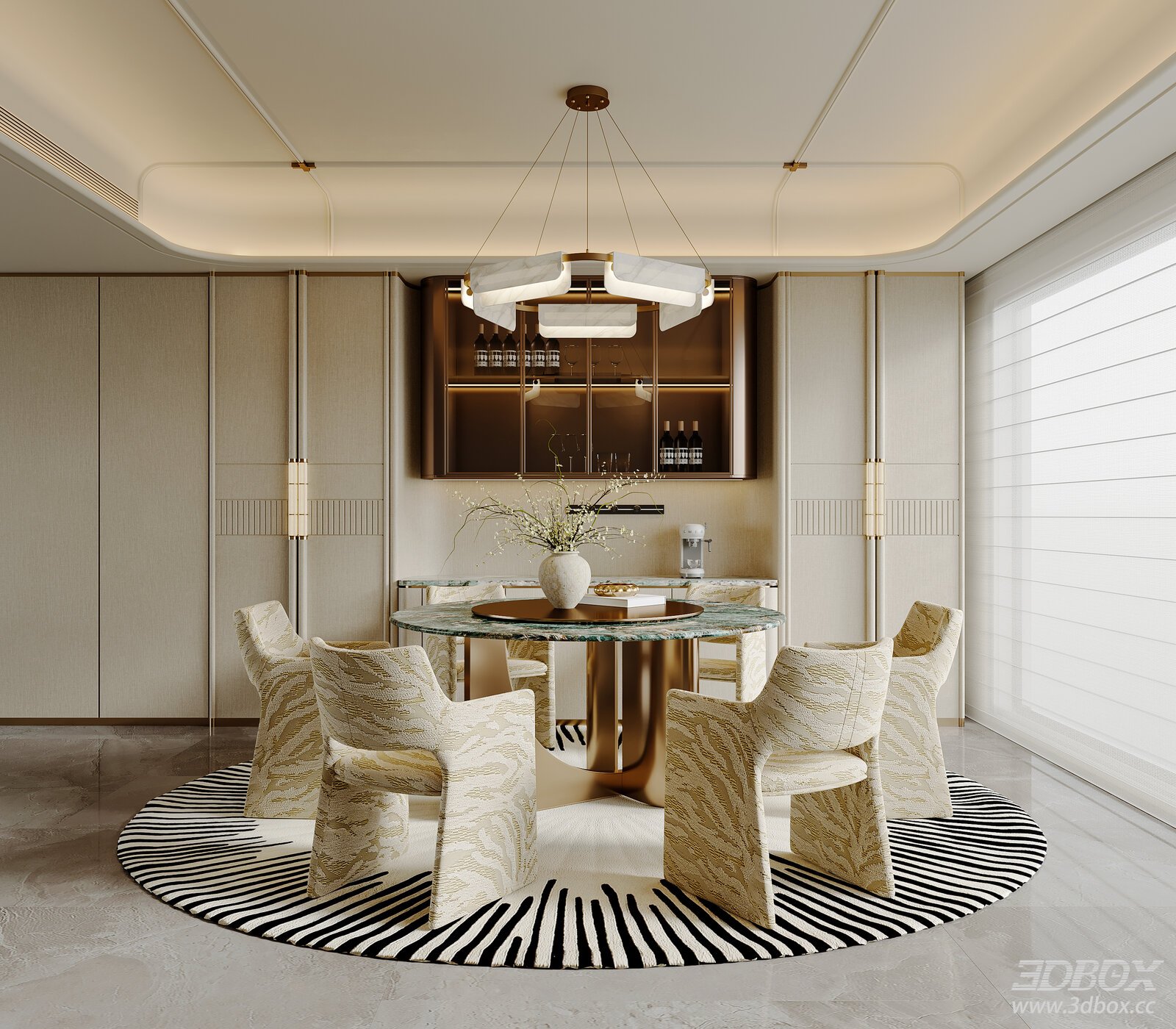 Italian Luxury Round Dining Room Set with Sideboard and Chandelier