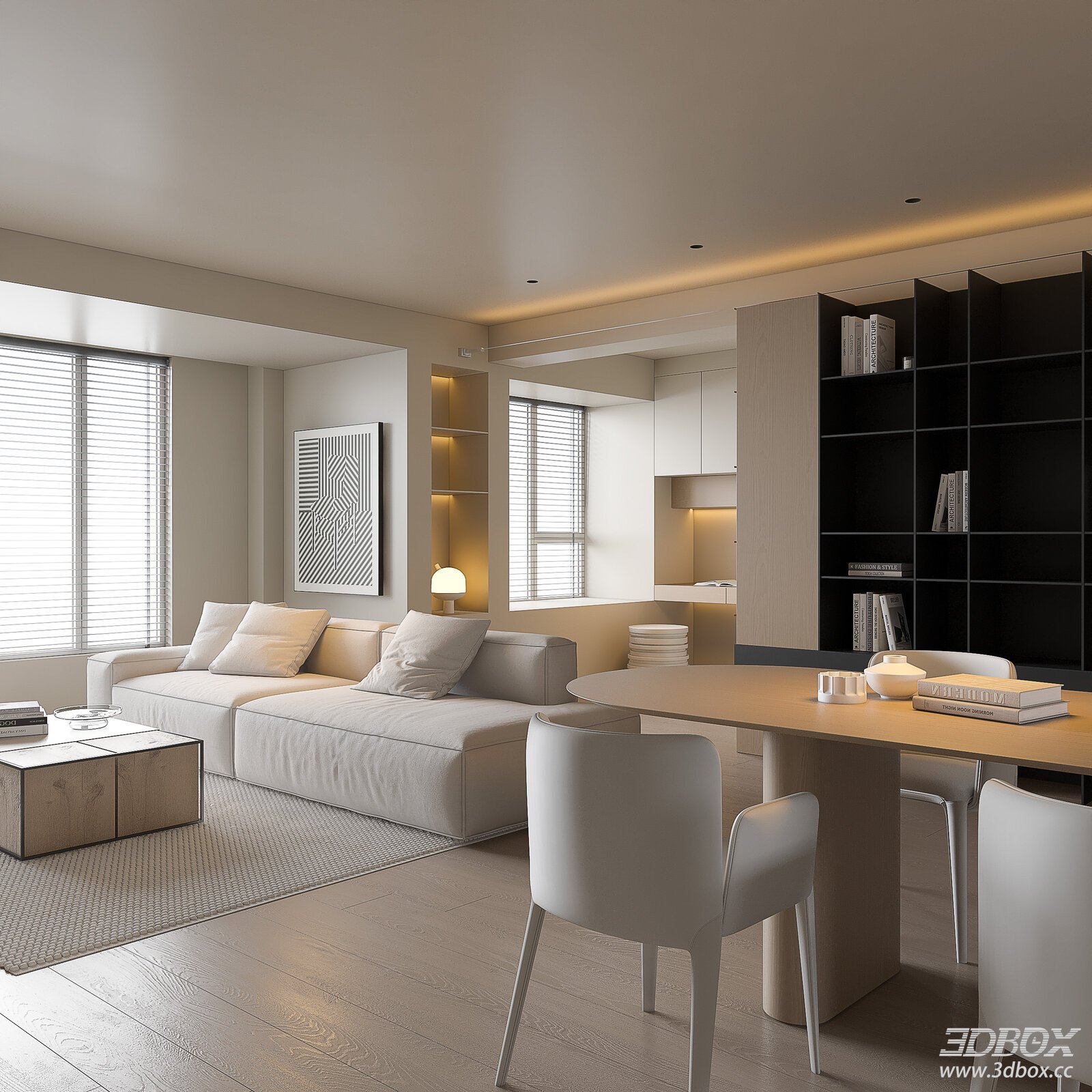 Modern Cream Style Living and Dining Room with Wood Furniture