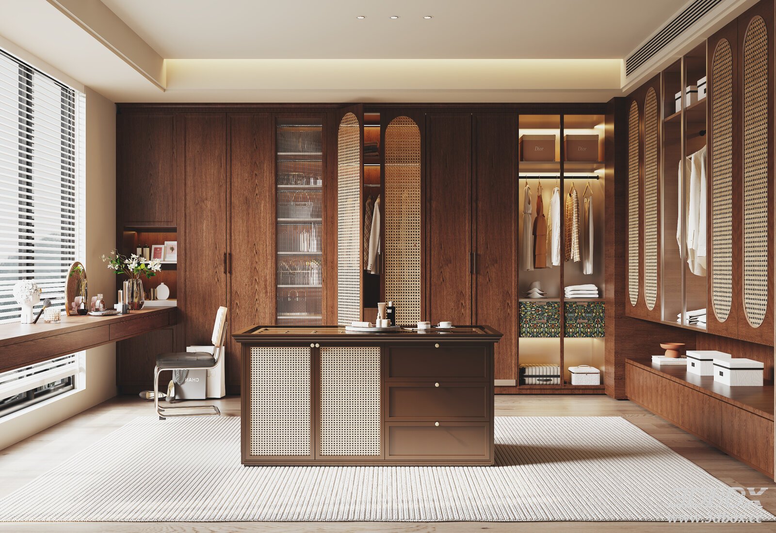 Vintage French Style Dressing Room with Wardrobe and Rattan Island