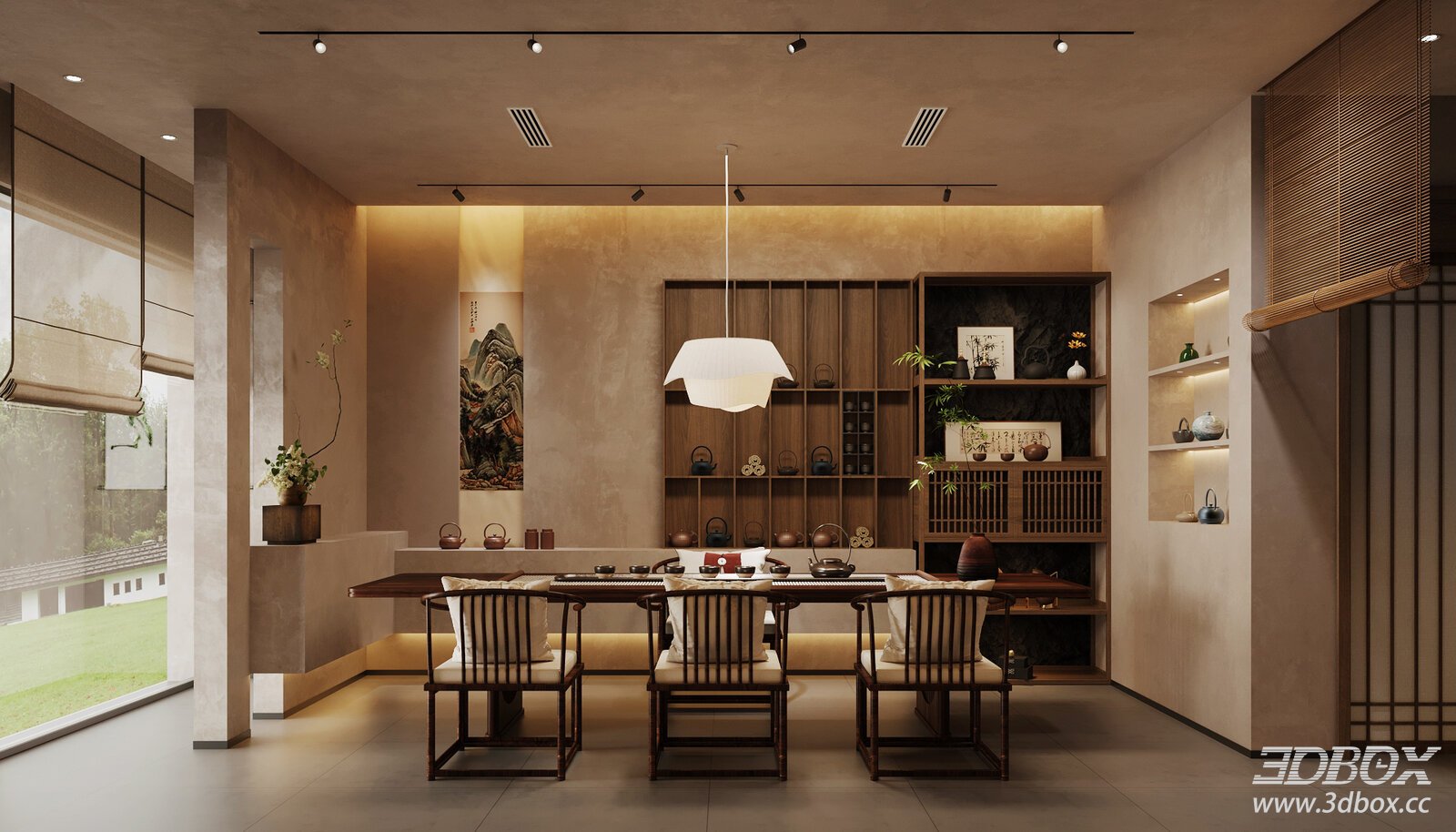 New Chinese Style Zen Tea Room Interior Scene