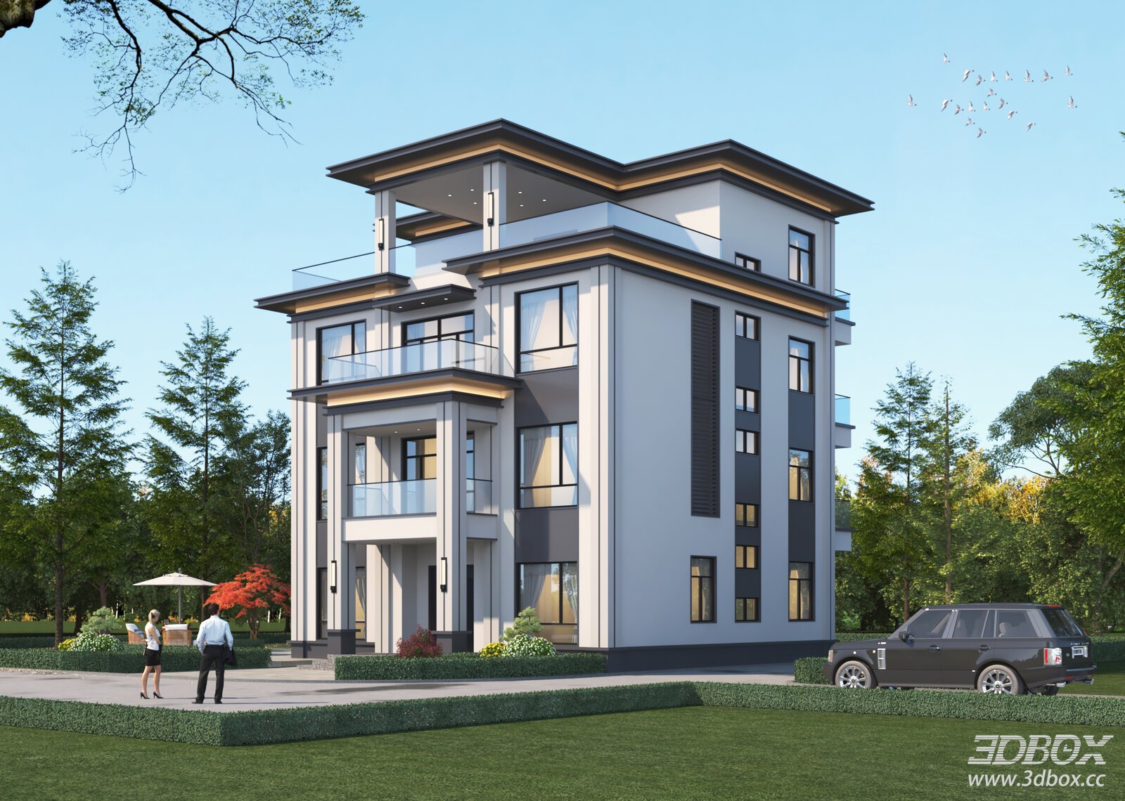 New Chinese Style Detached Villa Exterior Scene