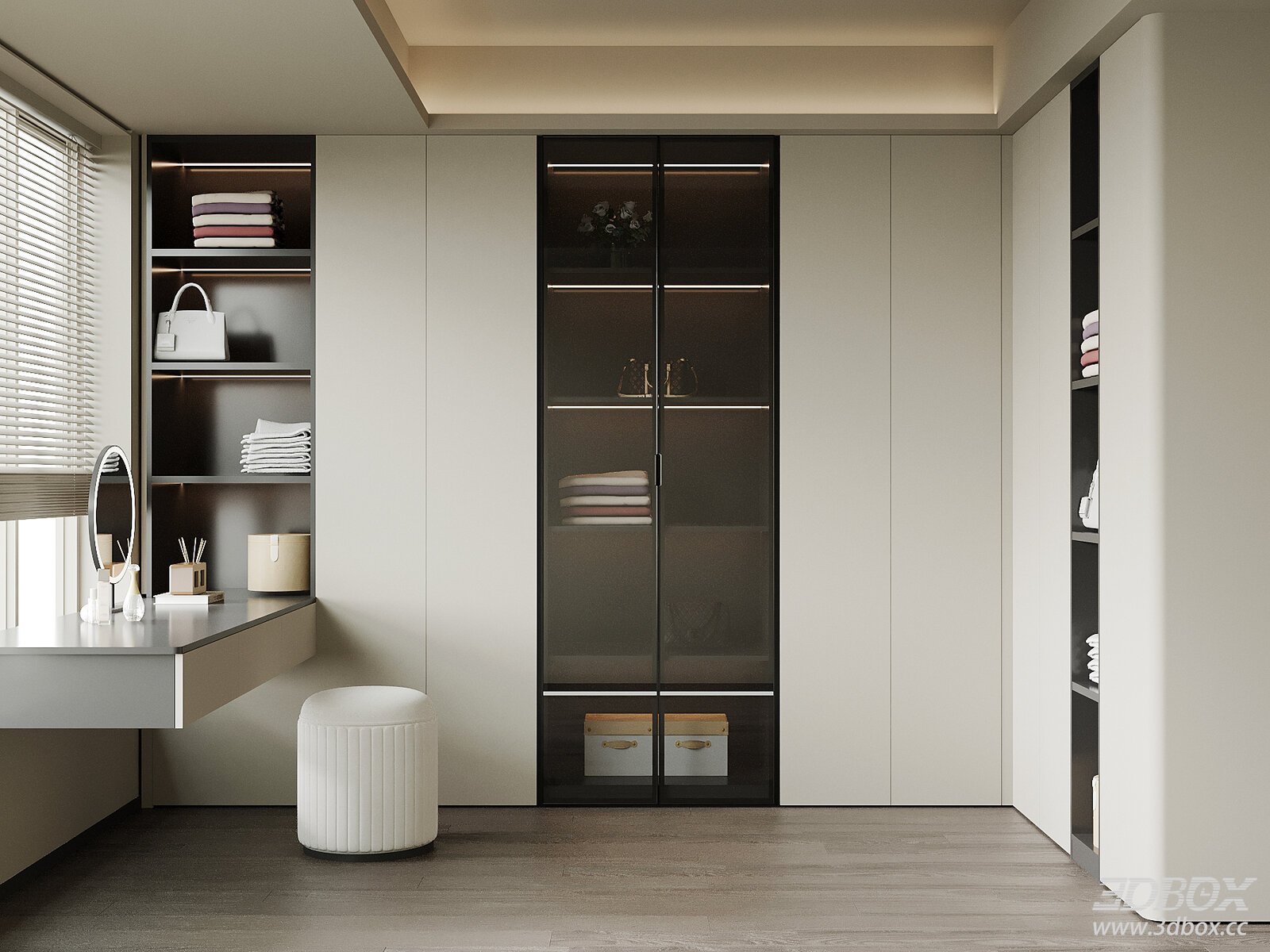 Modern Minimalist Dressing Room with Wardrobe and Dressing Table