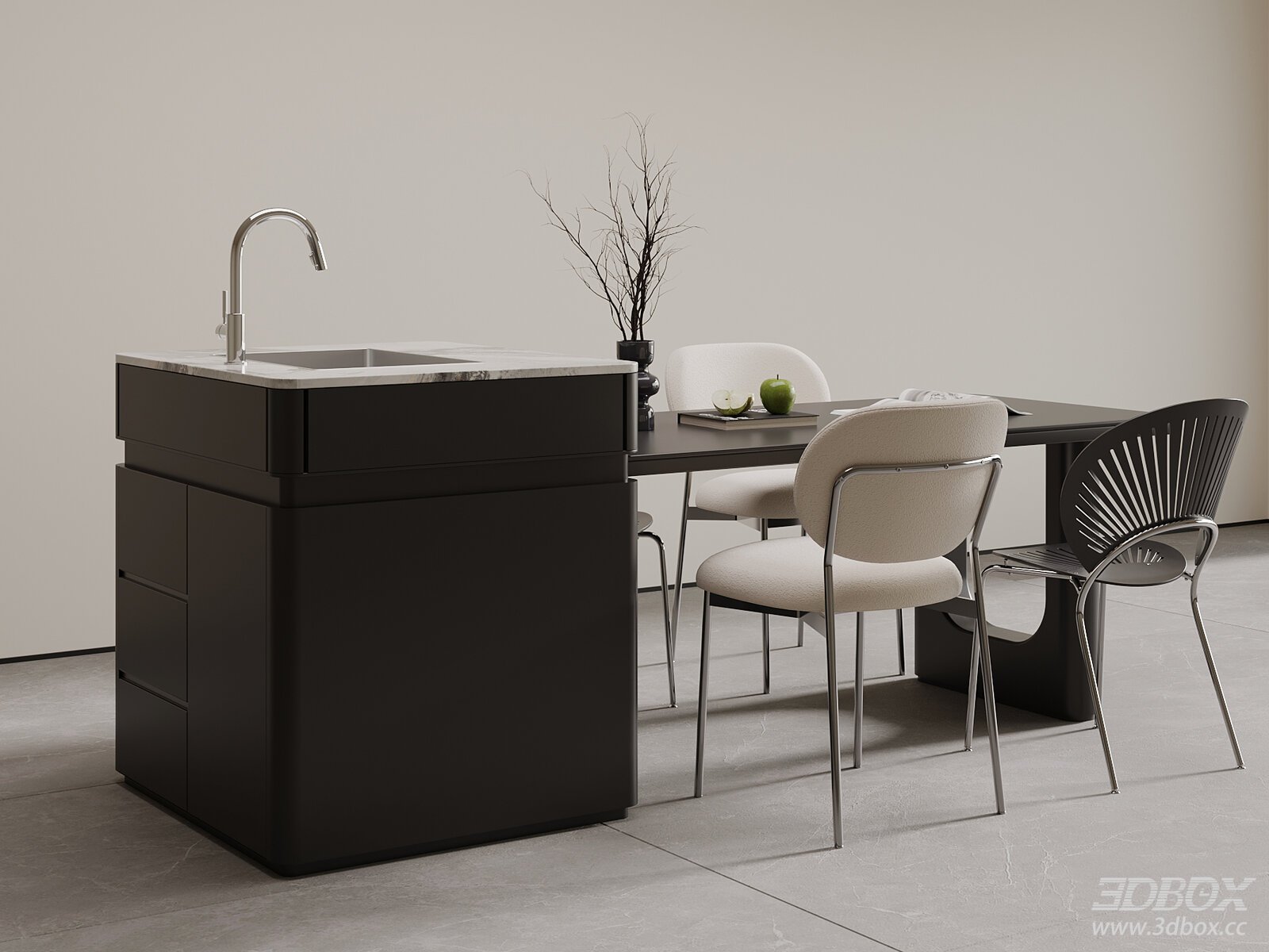 Modern Minimalist Kitchen Island with Dining Table and Chairs