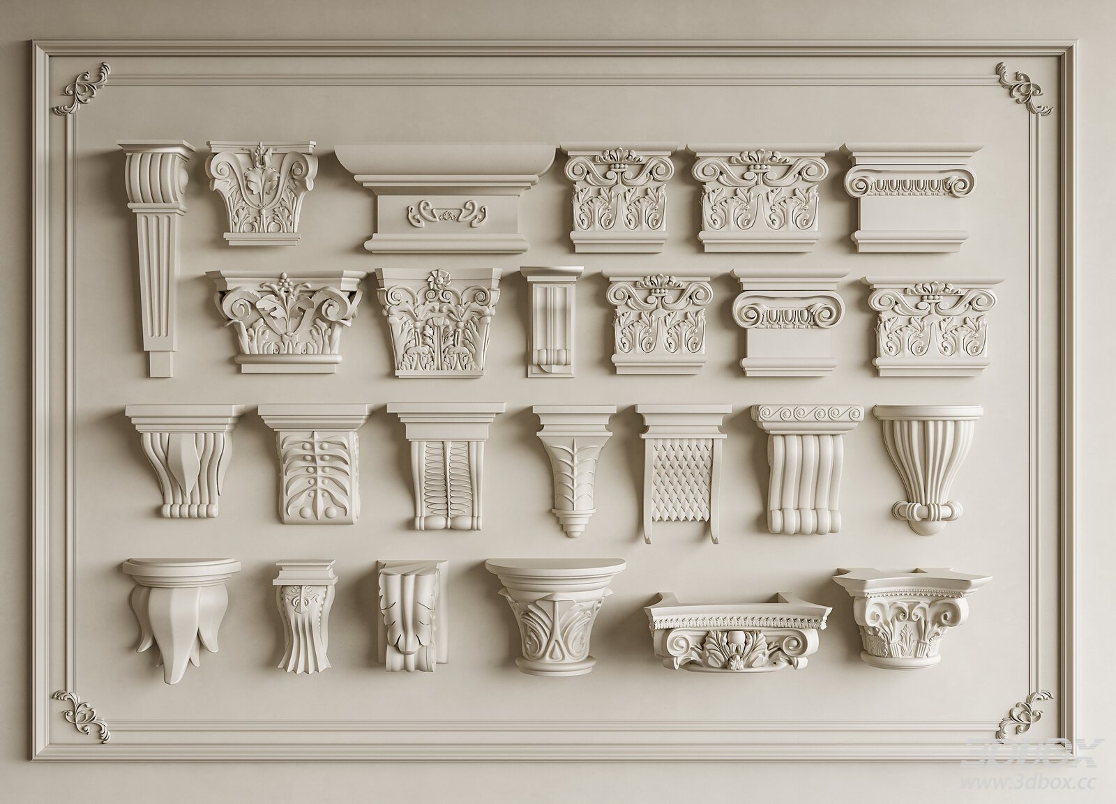 French Style Carved Plaster Corbels and Capitals Set