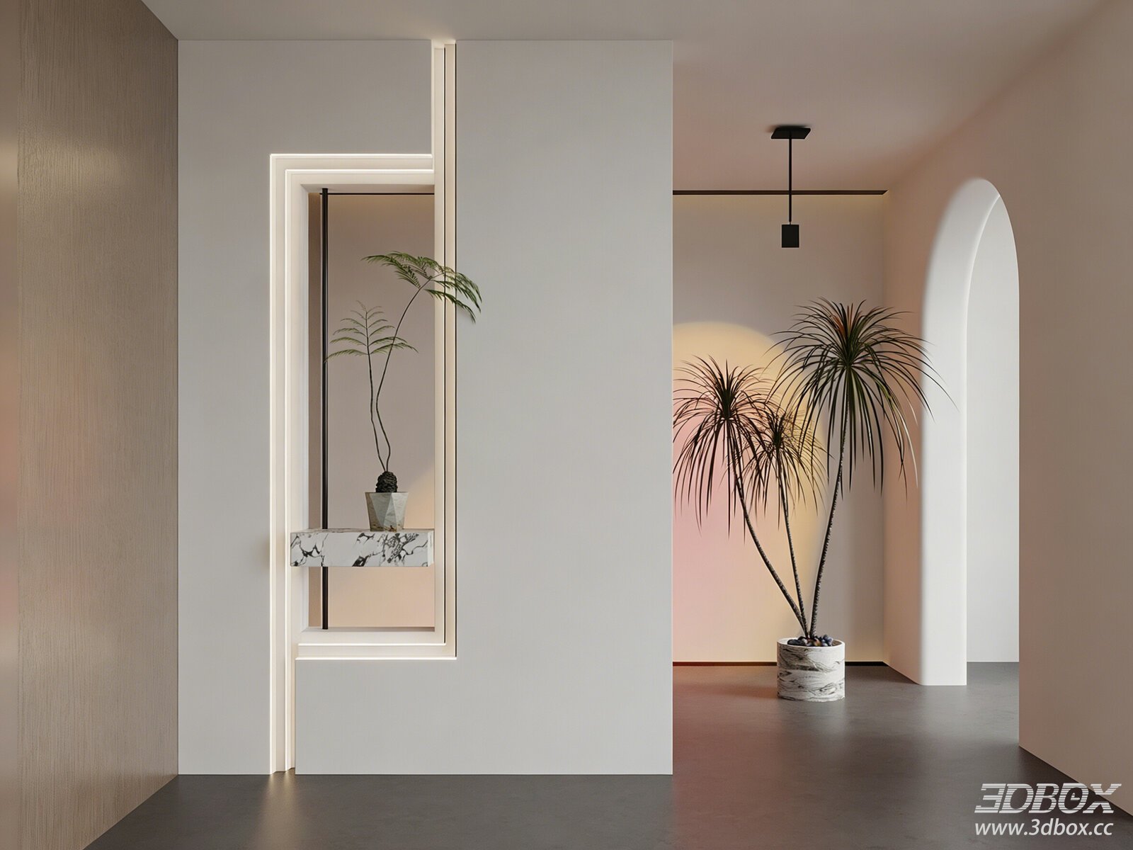 Modern Minimalist Hallway Partition Wall with Sunset Lamp and Indoor Plants