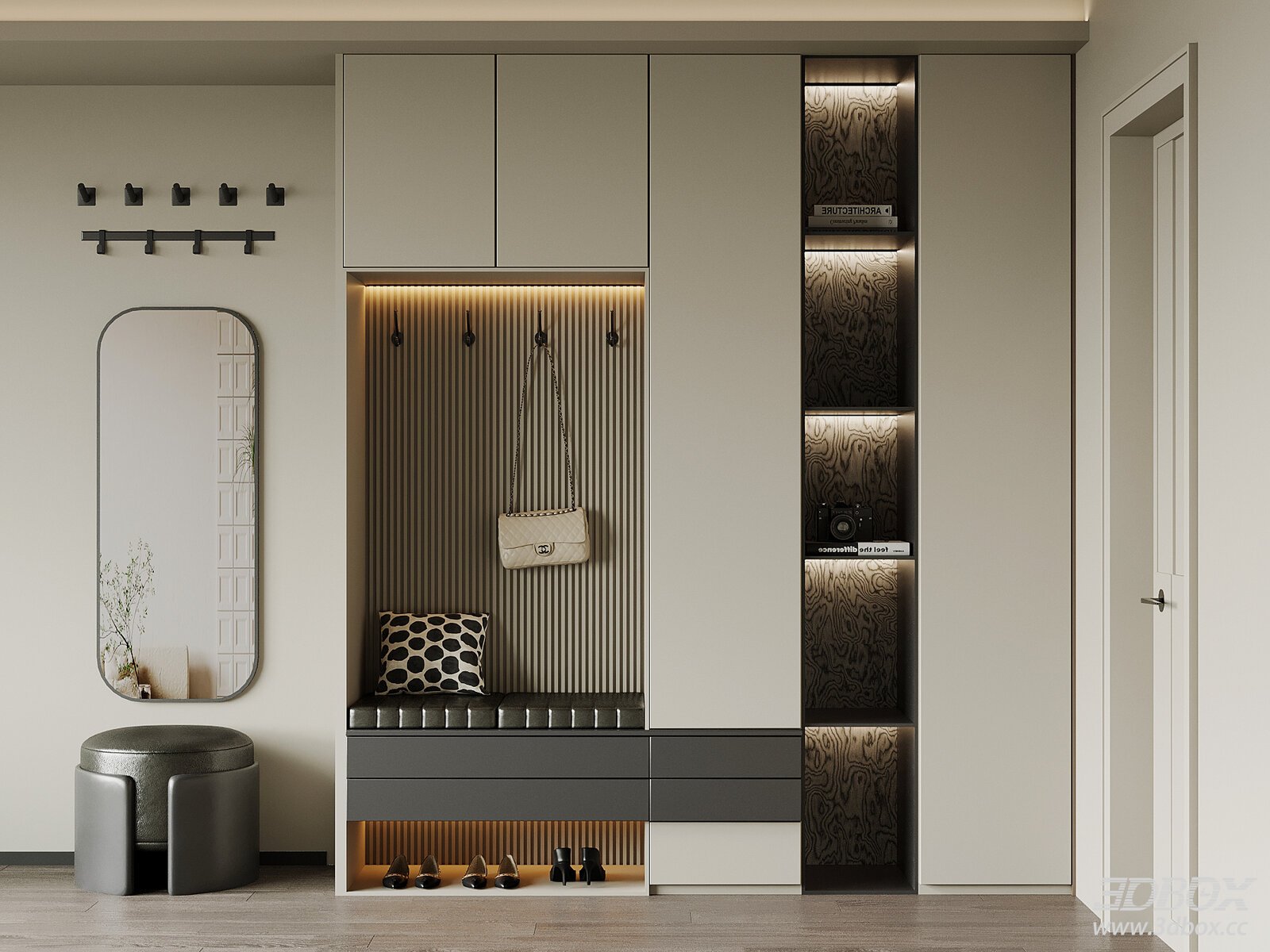 Modern Minimalist Hallway Shoe Cabinet with Mirror and Ottoman