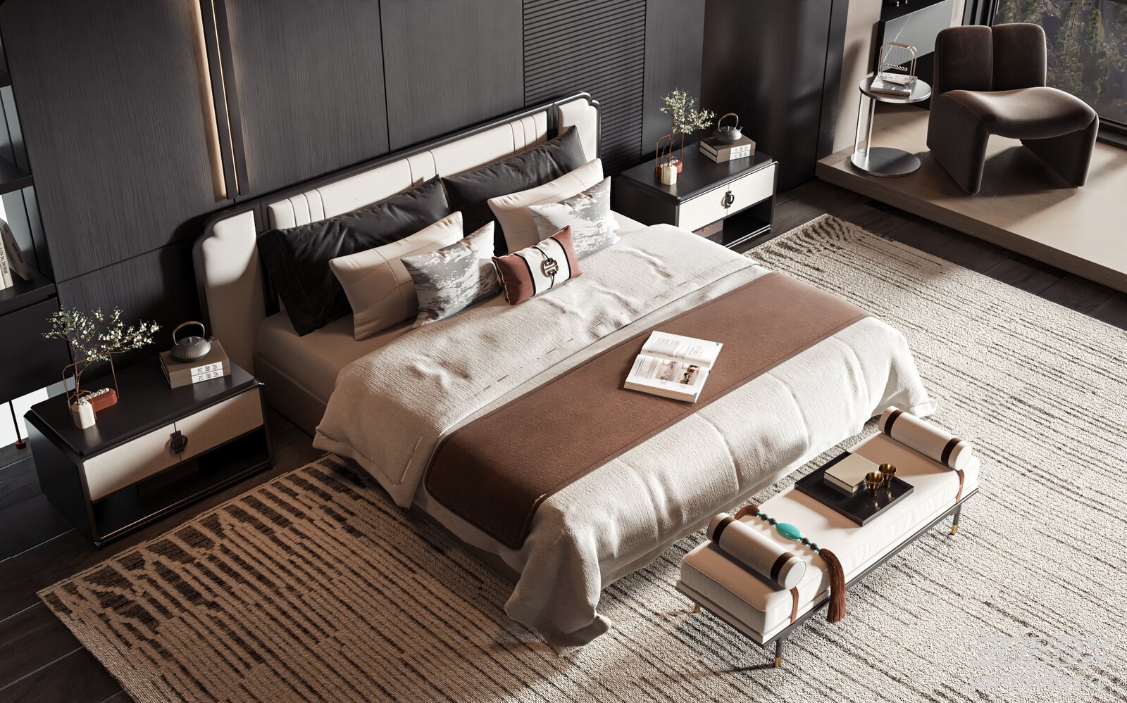 New Chinese Style Modern Bedroom Interior Scene