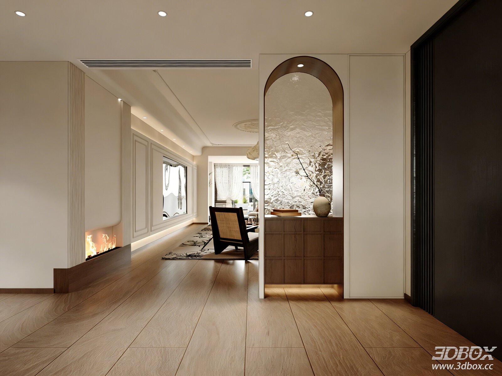 Vintage Retro Hallway Entry Scene with Partition Cabinet