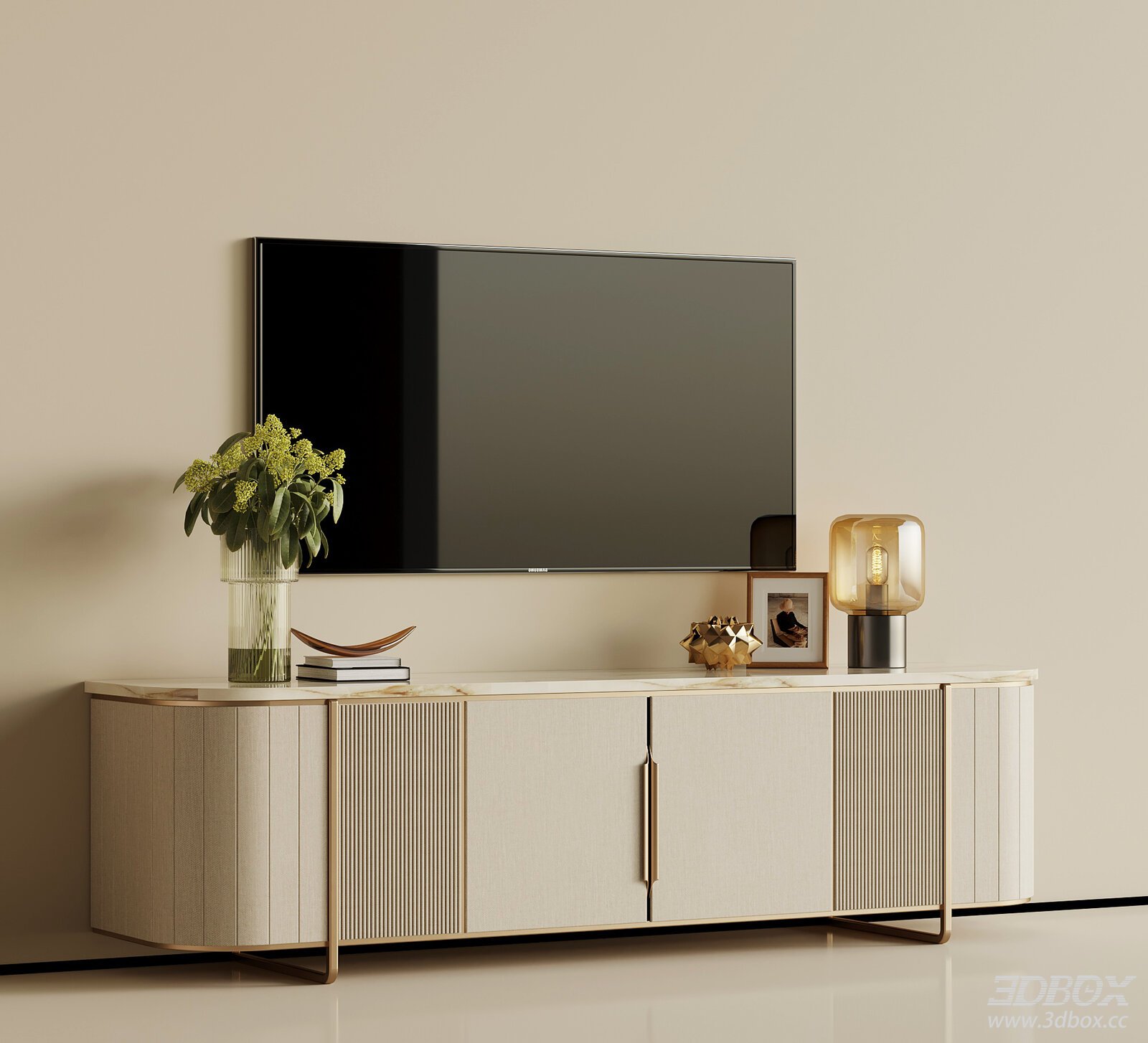 Modern Luxury TV Cabinet Sideboard with Marble Top and Gold Frame