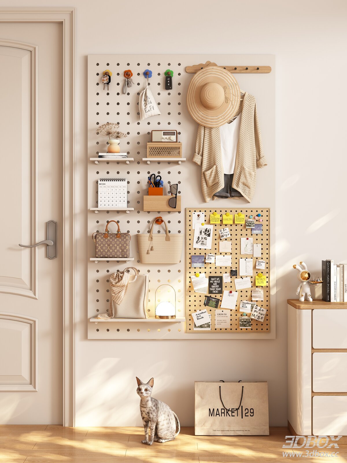 Modern Cream Style Pegboard Wall Storage Rack Set