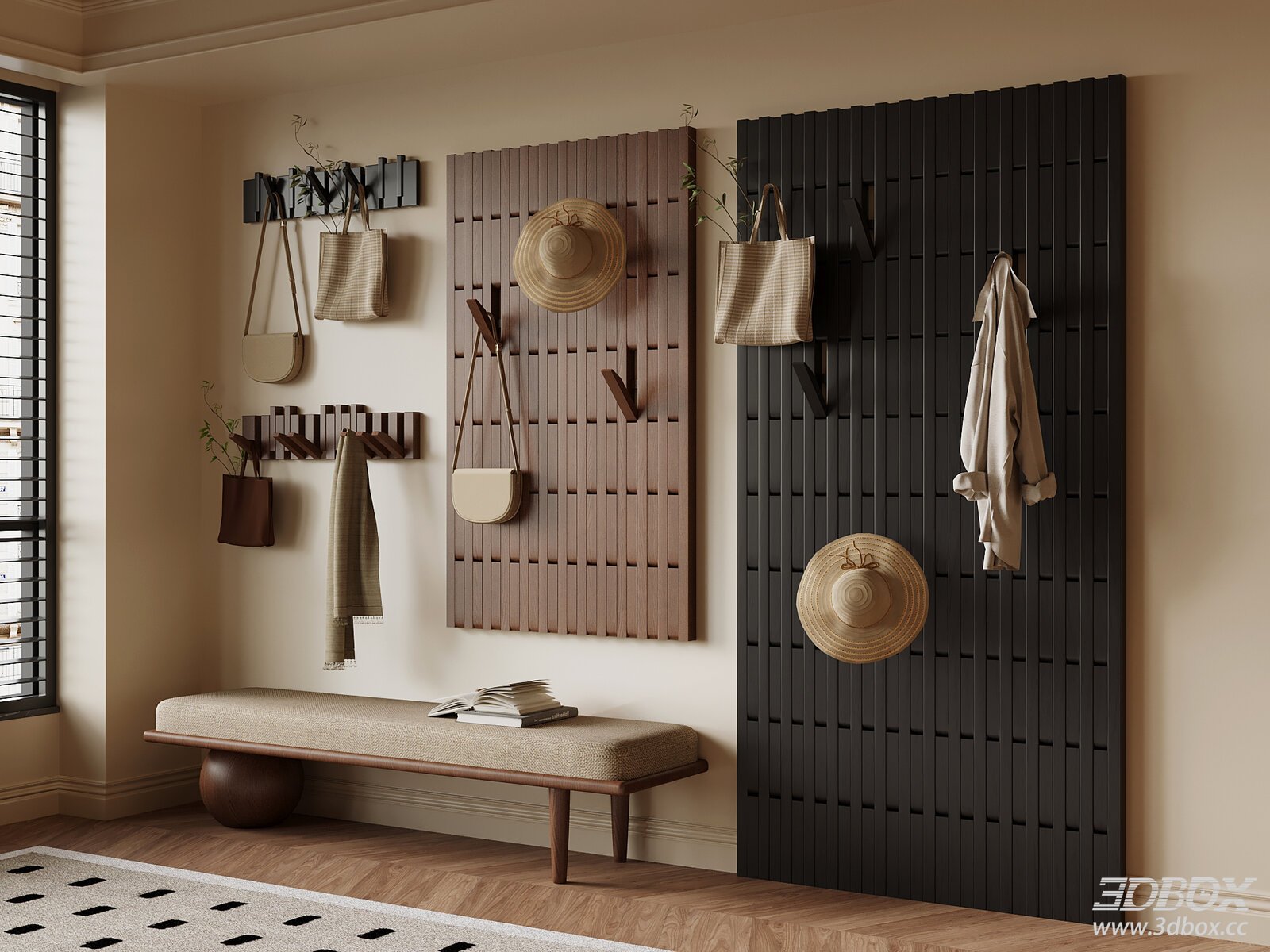Mid Century Modern Hallway Pegboard Hanger and Shoe Bench Set