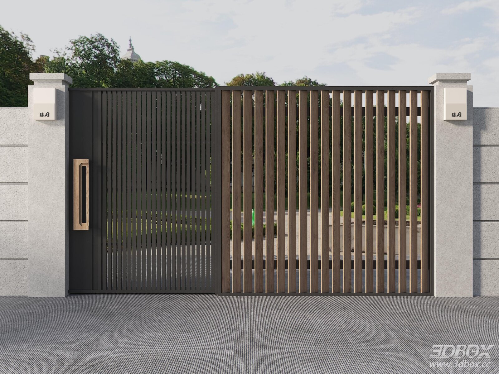 Modern Villa Courtyard Iron Wood Slat Entrance Gate