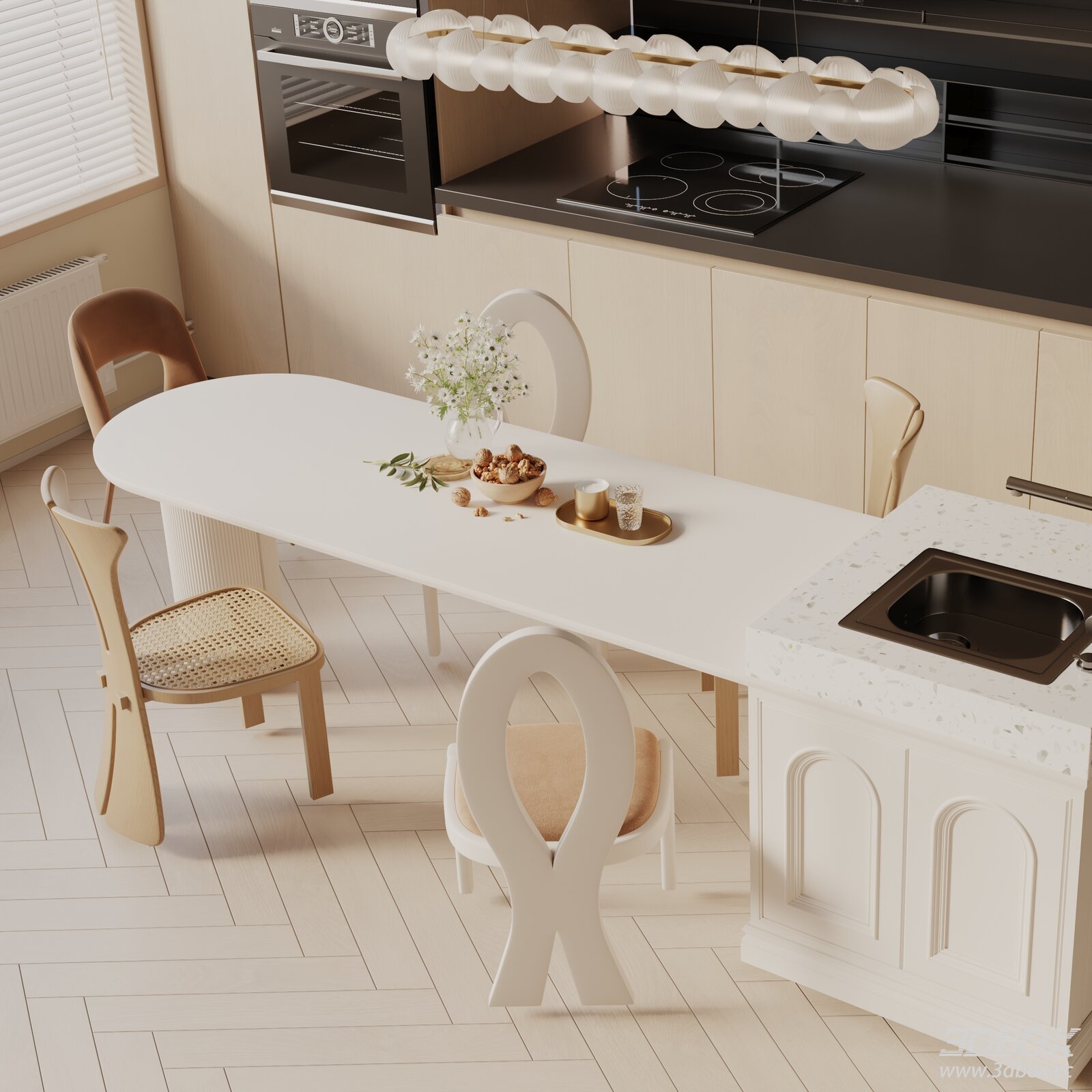 Modern Kitchen Dining Set with Oval Table and Wooden Chairs