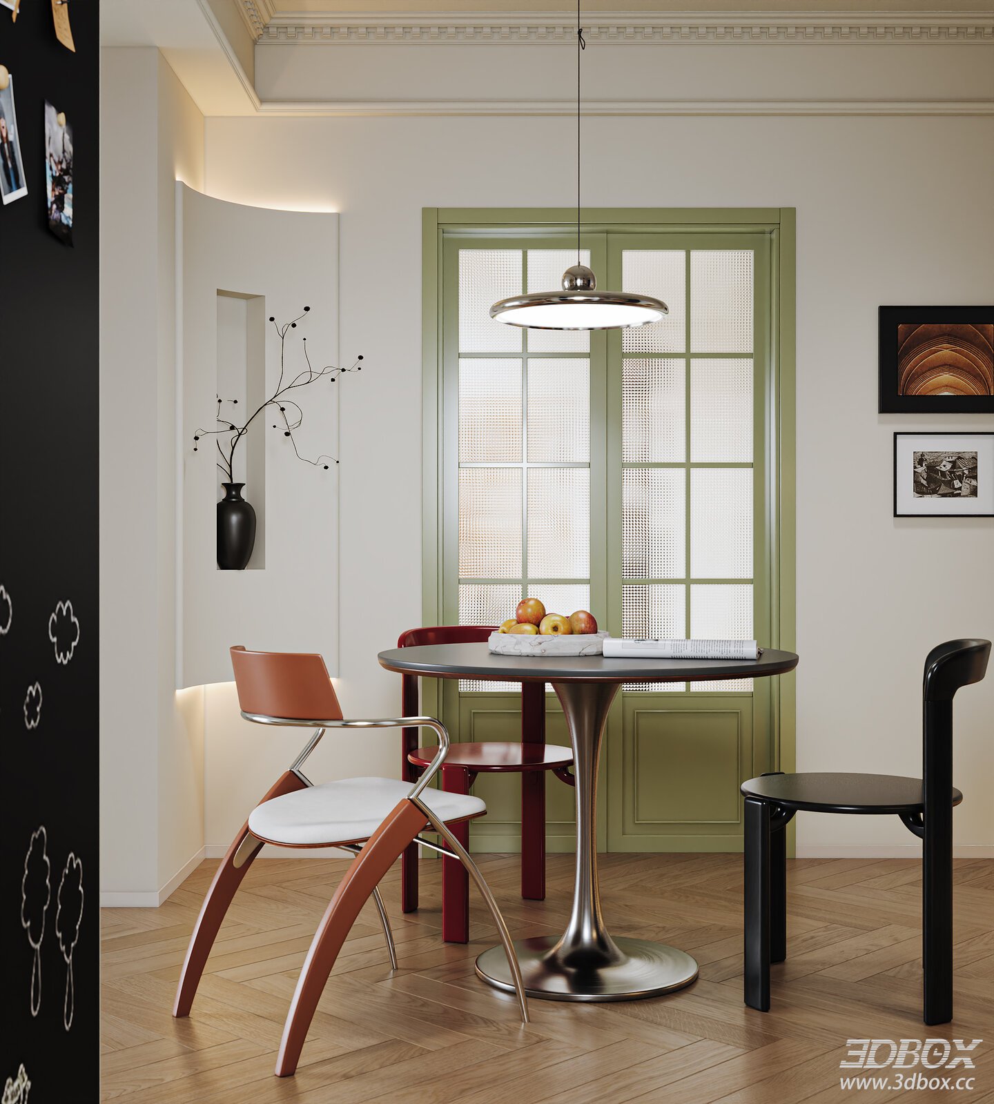 Modern Bauhaus Dining Room with Round Table and Chairs