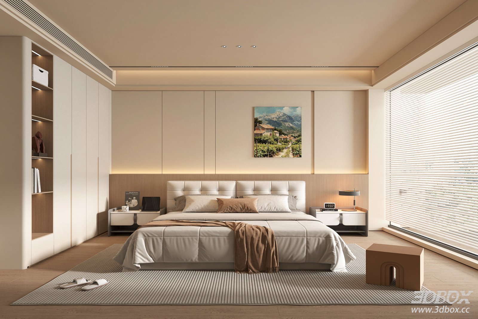 Modern Cream Style Minimalist Bedroom Interior Scene