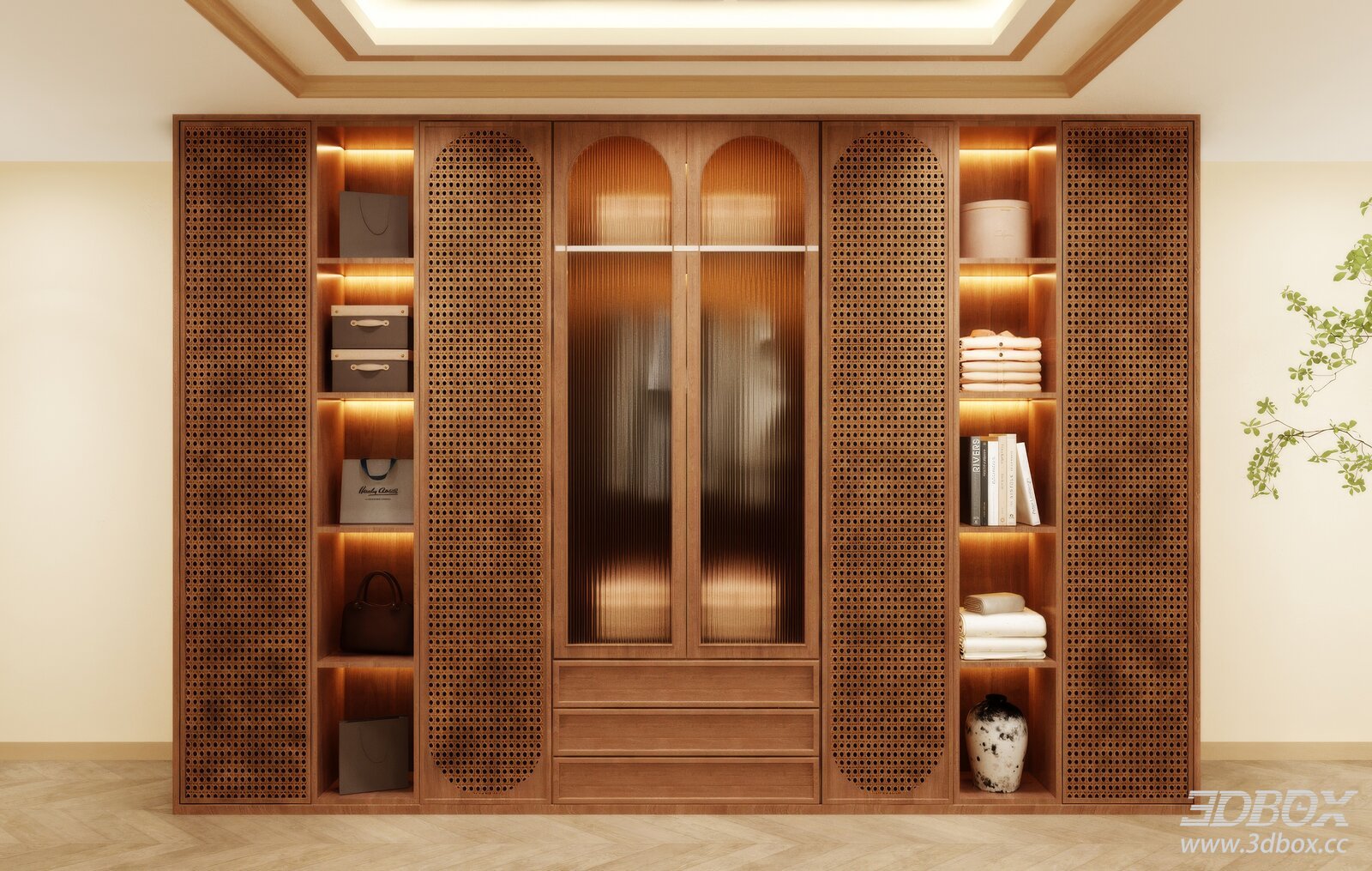 Modern Wooden Rattan Wardrobe with Glass Door and Built-in Light
