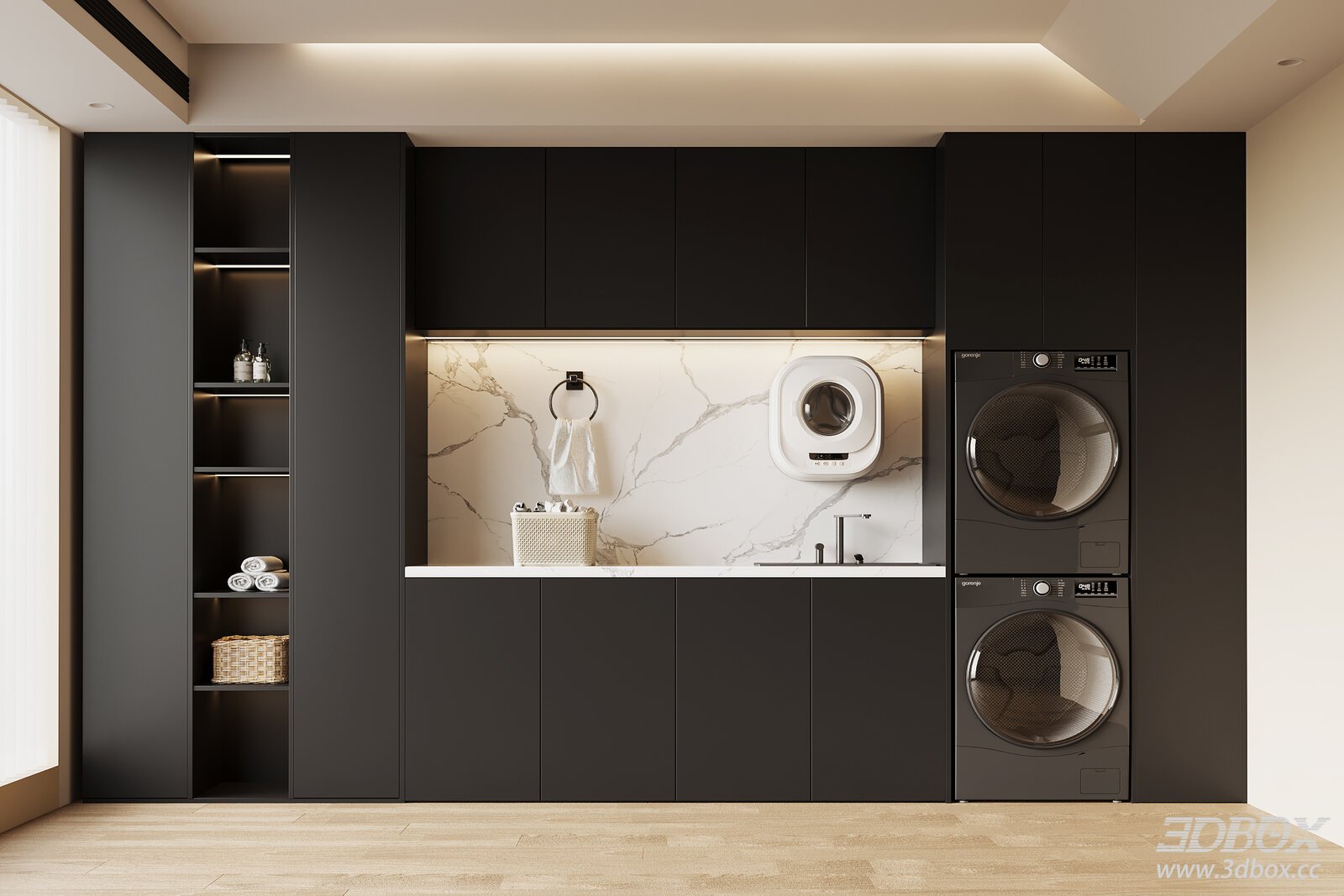 Modern Minimalist Laundry Cabinet Scene With Washing Machines