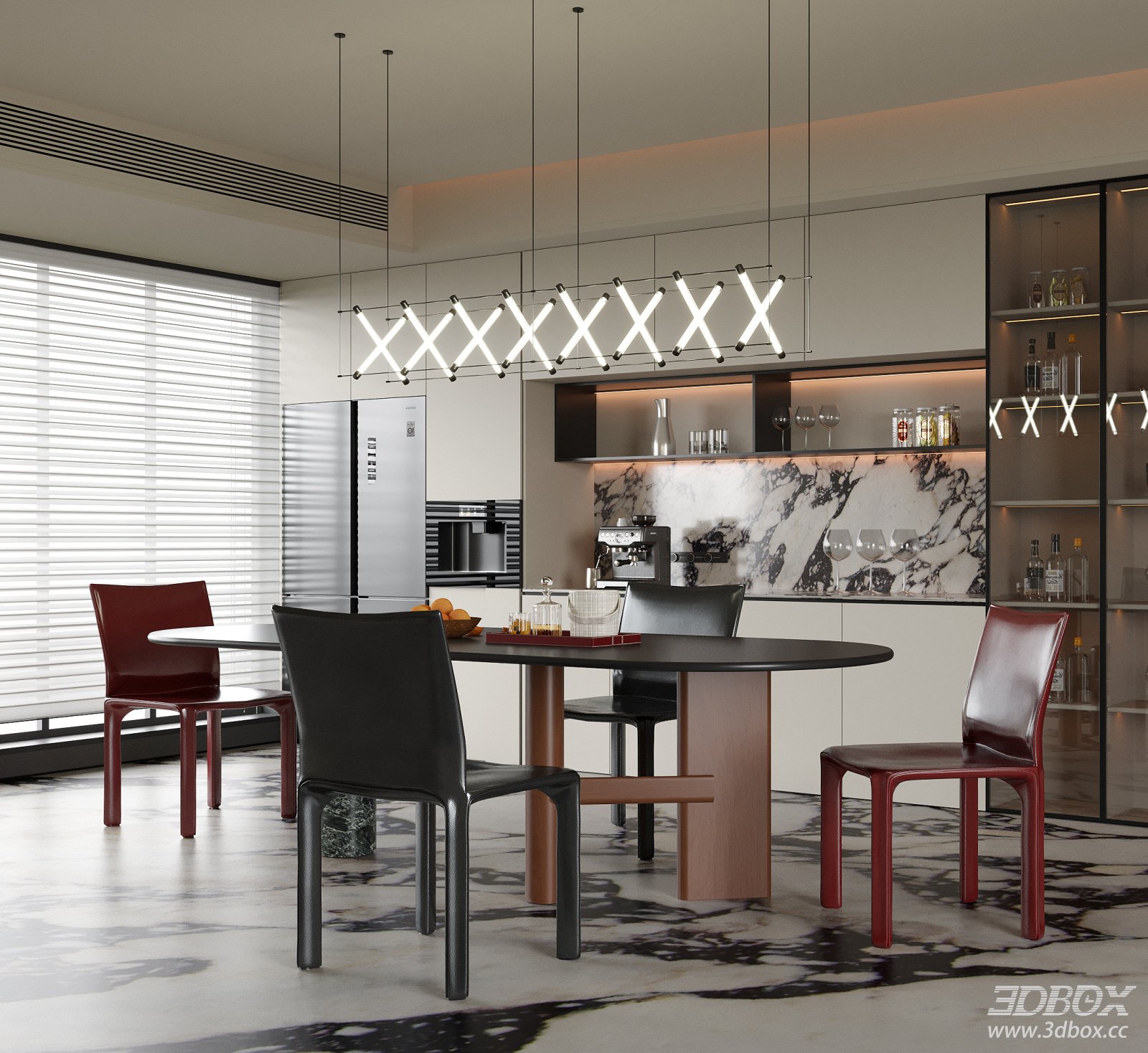Modern Minimalist Kitchen Dining Room with Oval Table and Leather Chairs