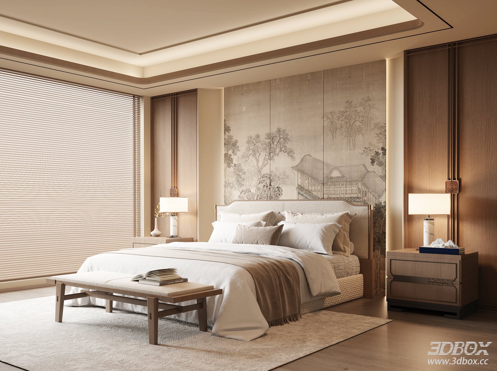 New Chinese Style Modern Bedroom Interior Scene