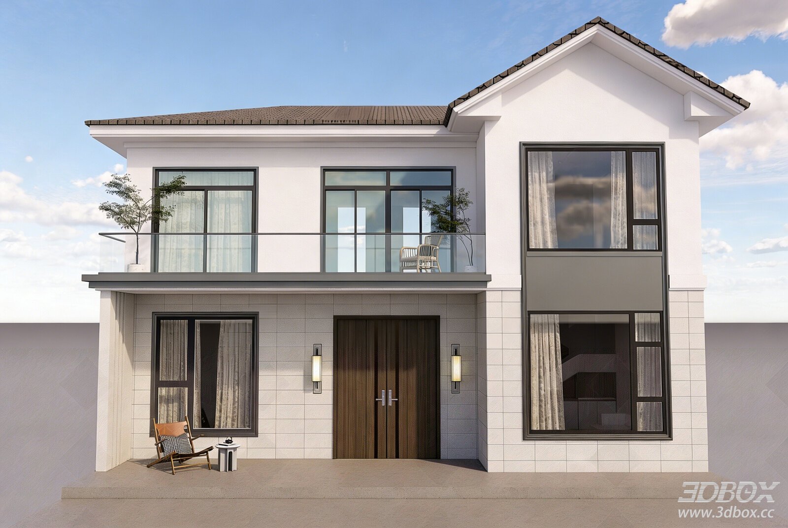 Modern Two Story Rural Villa Exterior with Sloped Roof