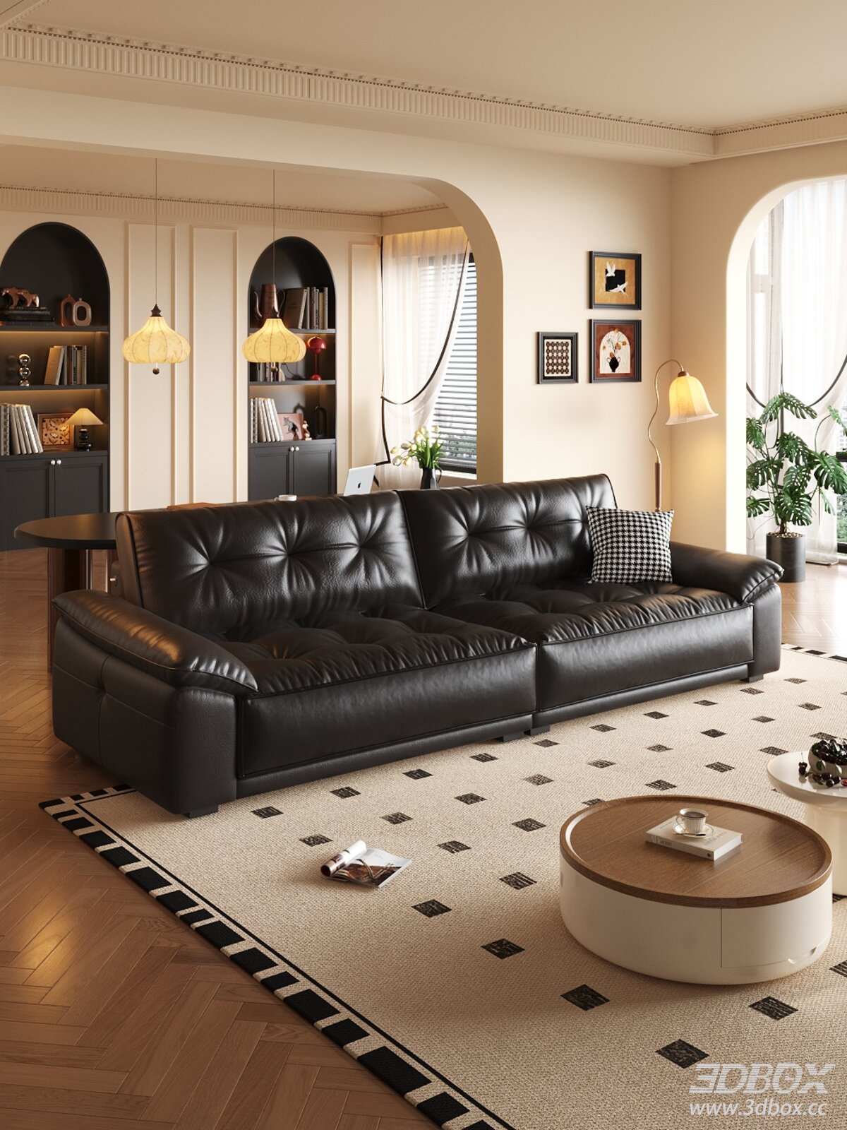 Mid Century Modern Black Leather Sofa Living Room