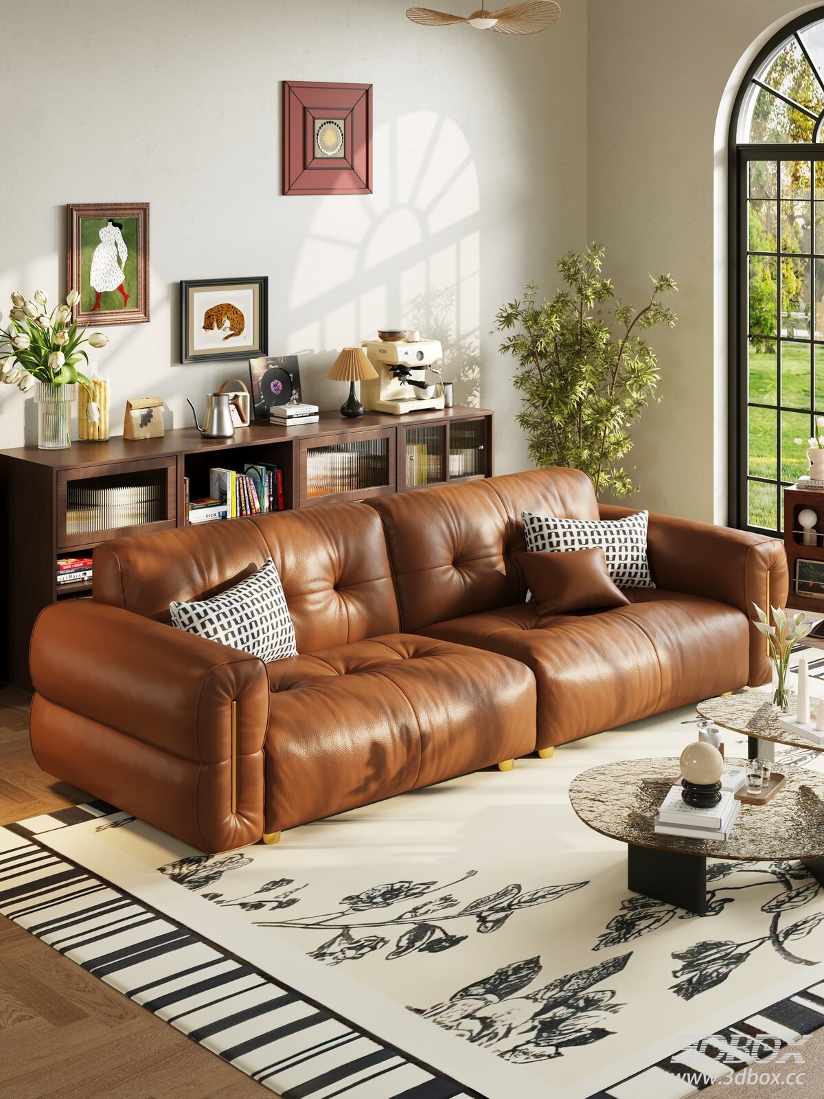 Mid Century Modern Brown Leather Sofa Living Room Scene