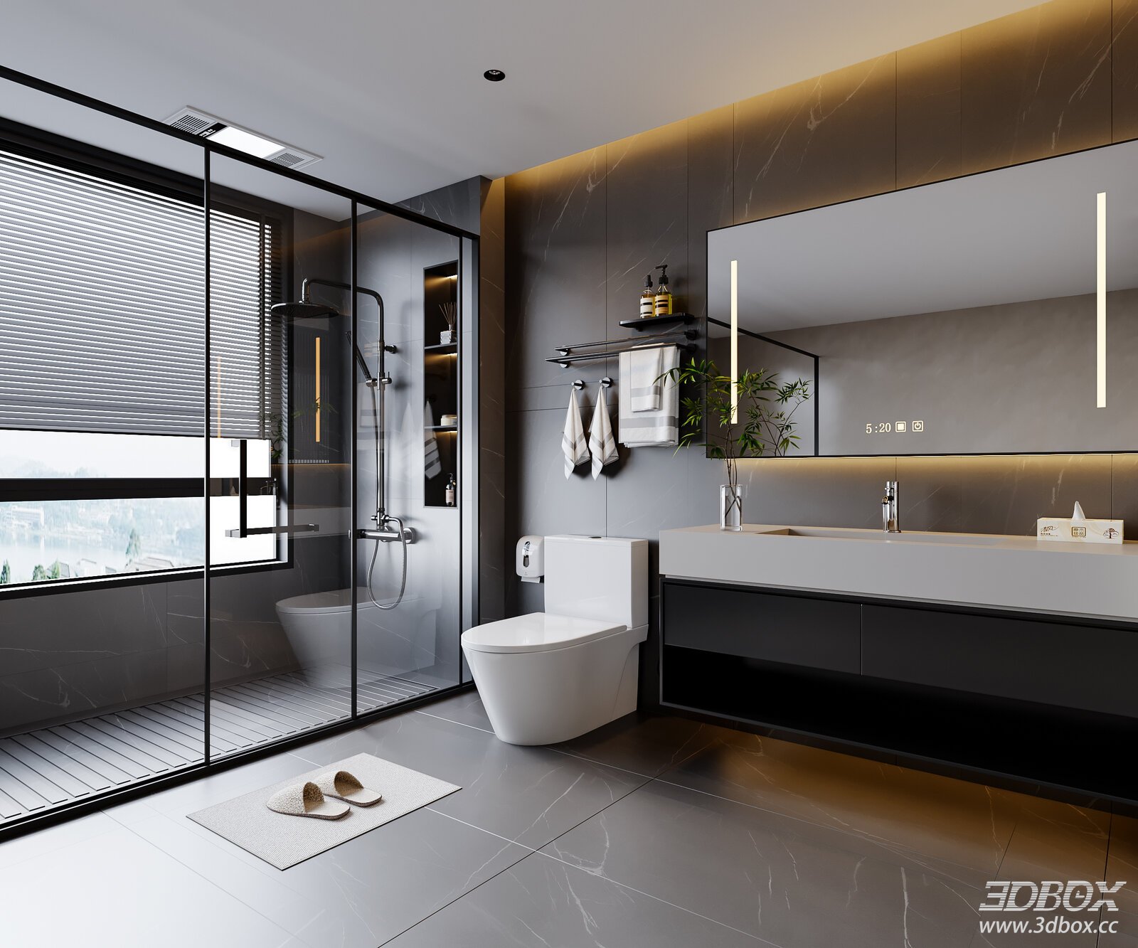 Modern Gray Tone Bathroom with Vanity Toilet and Shower Enclosure
