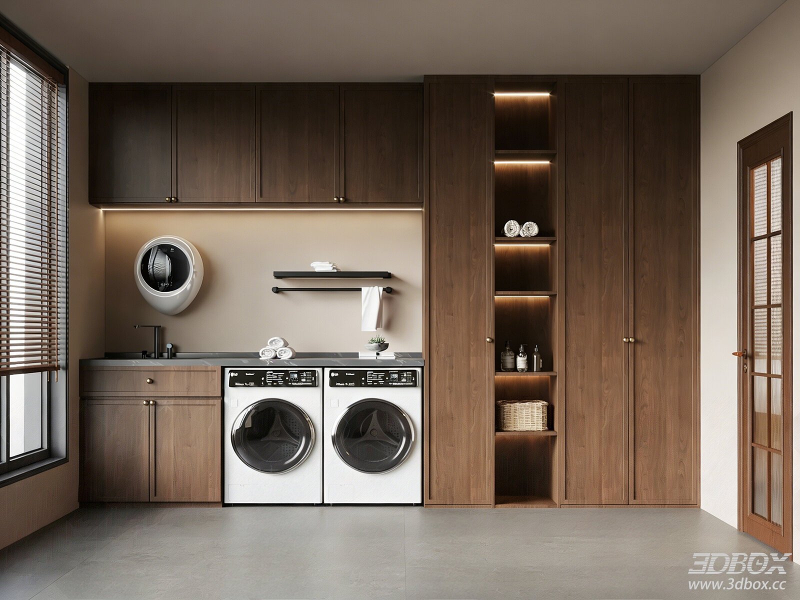 New Chinese Style Laundry Room with Wooden Cabinets and Washers