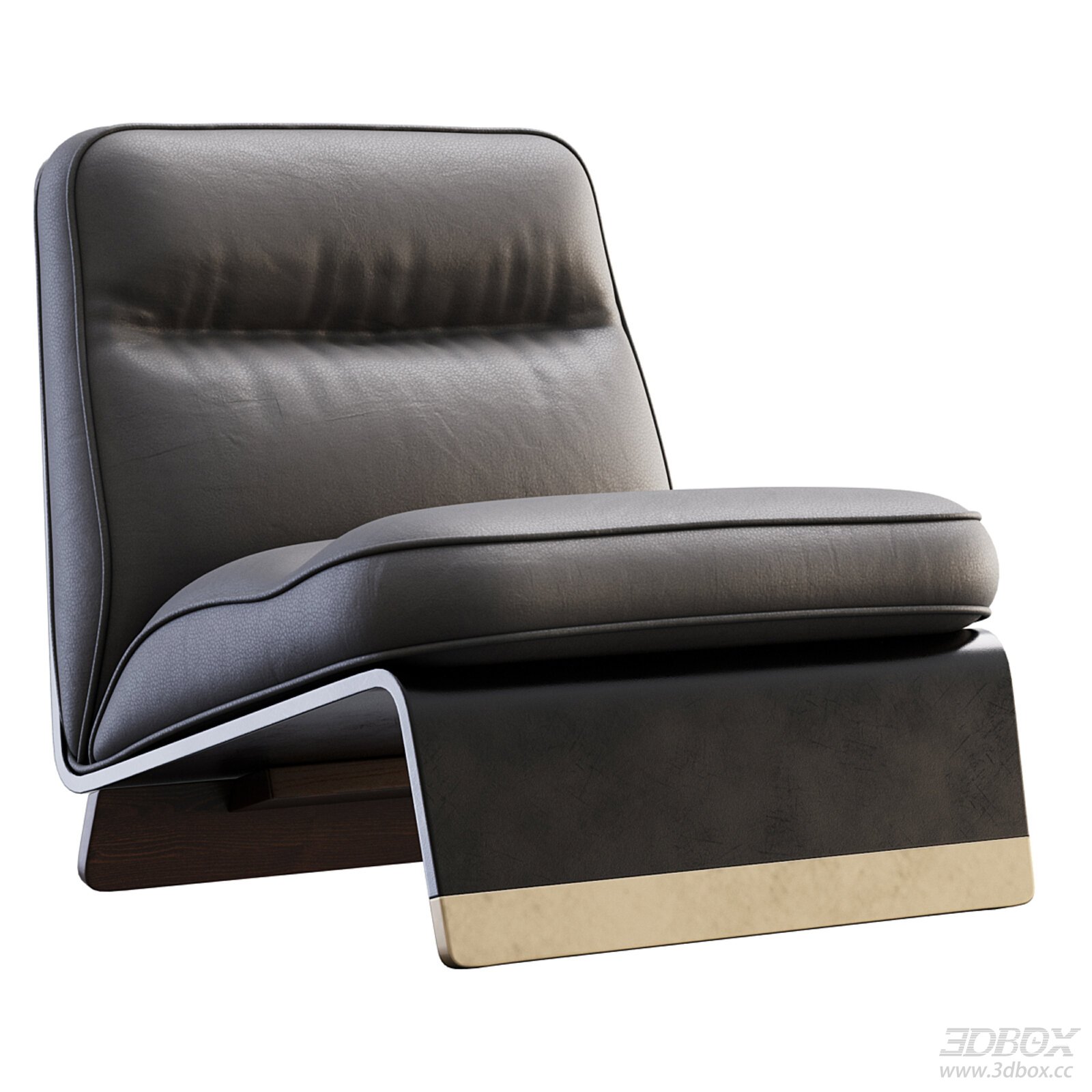 Modern Dark Leather Armchair with Brass and Wood Base