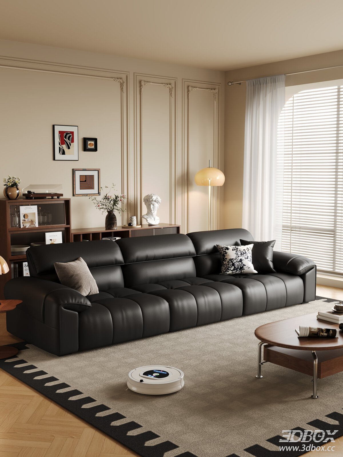 Mid Century Modern Living Room with Black Leather Sofa Set