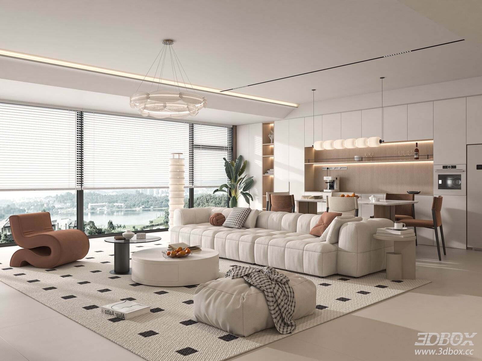 Modern Cream Style Living and Dining Room Interior