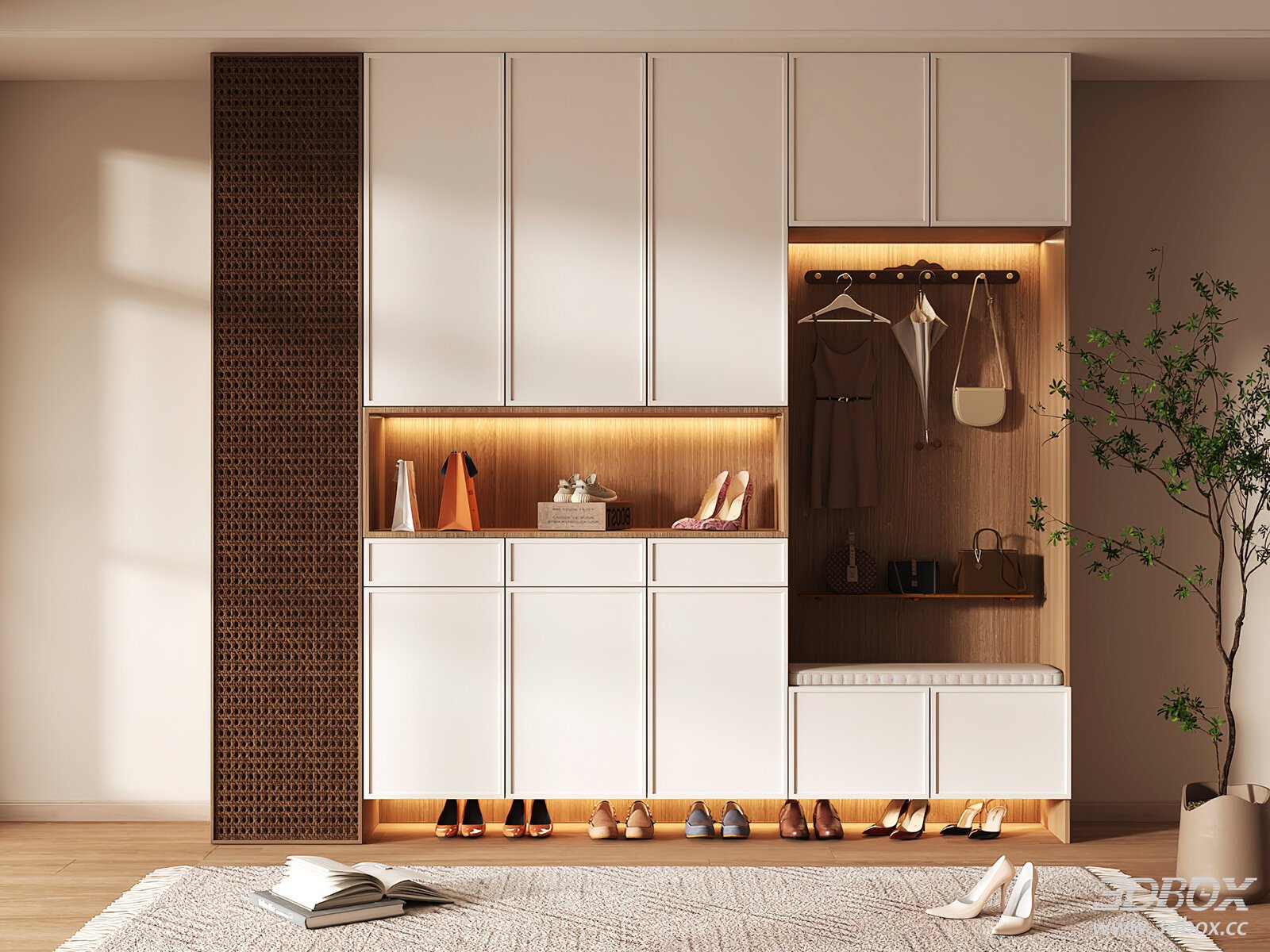 Modern Entryway Shoe Storage Cabinet with Rattan Panel and LED Light